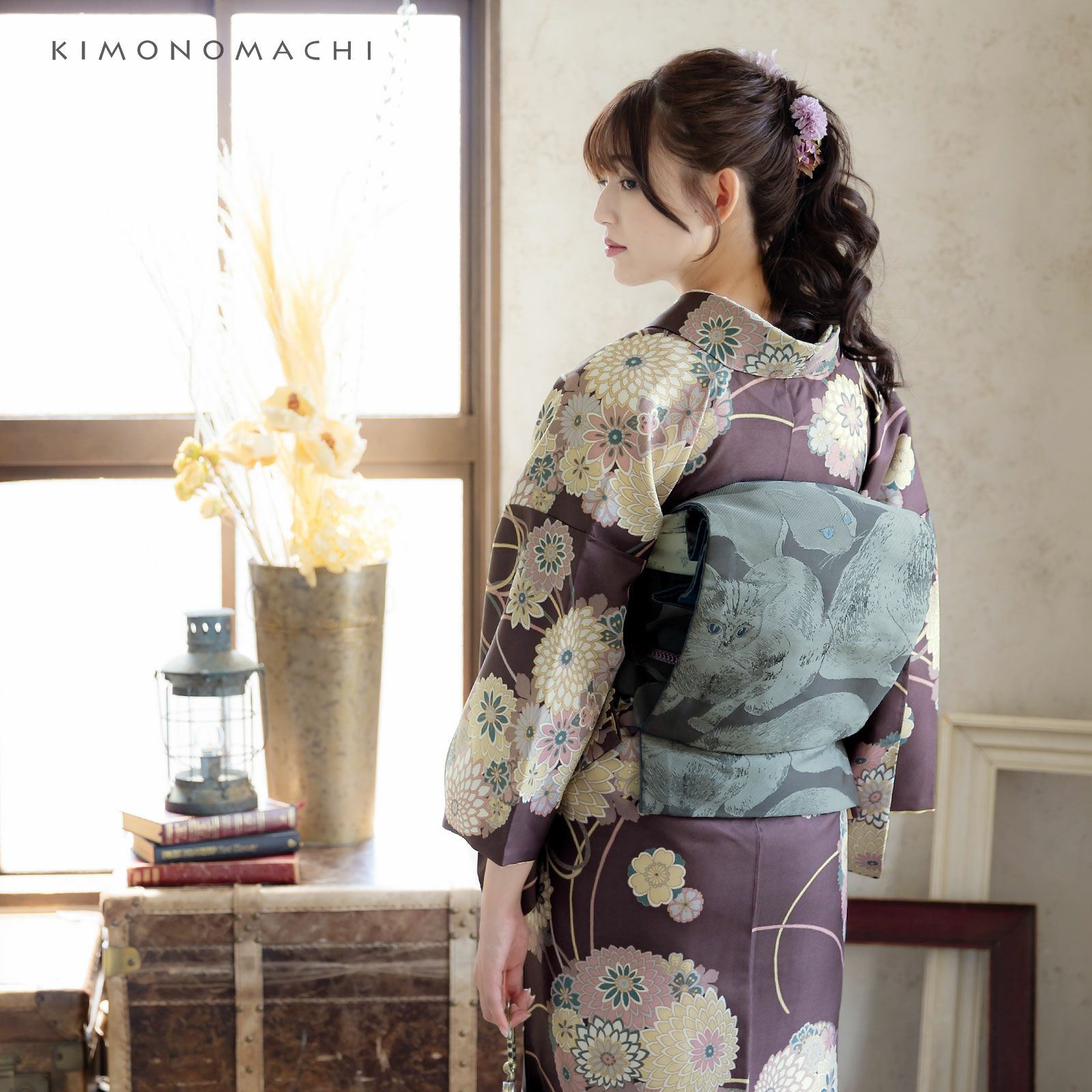 洗える着物 セット「袷着物：花くす玉 紫鳶色＋京袋帯：薄暮の灰猫