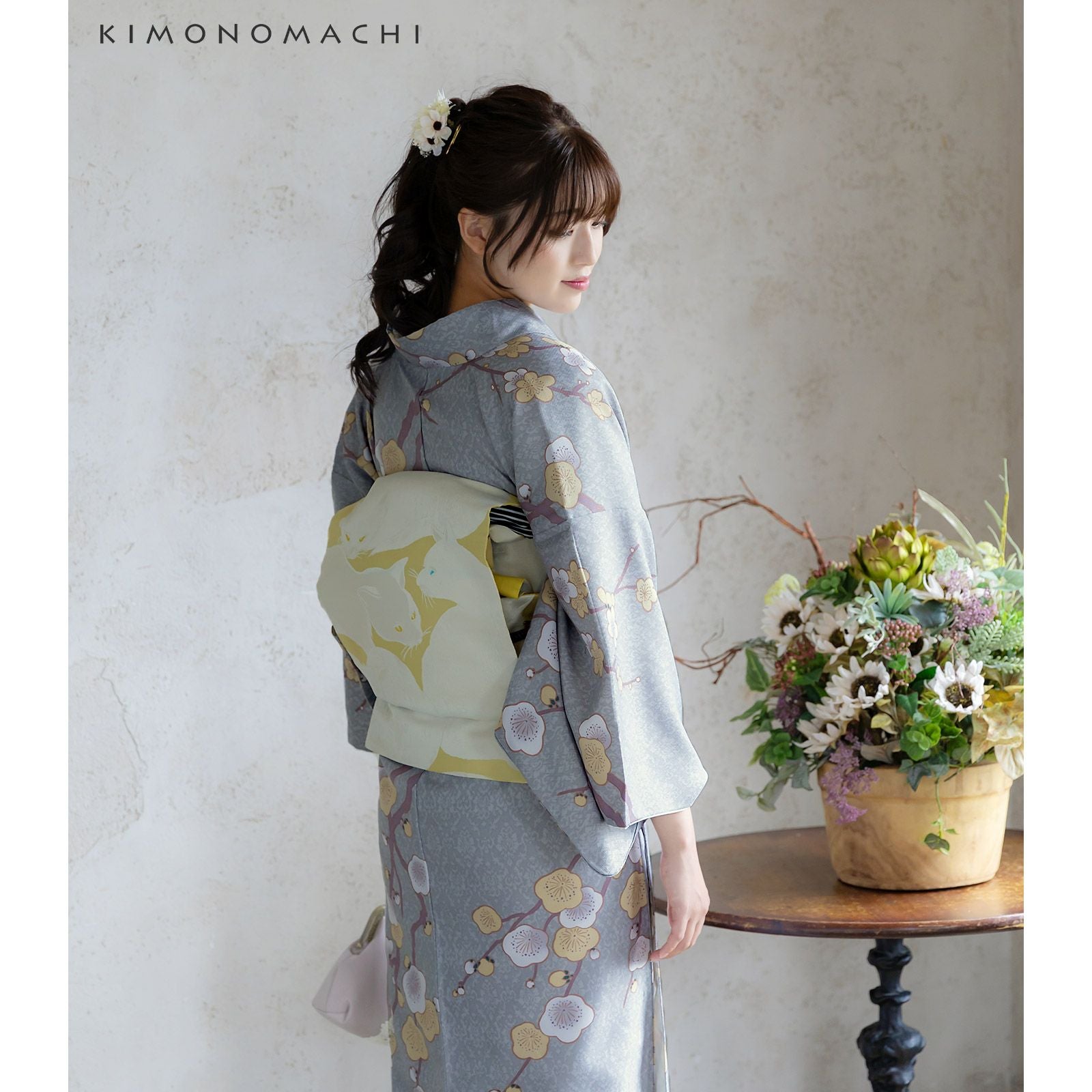 雪猫　躾付き　ぜんまい紬　袷着物と、白塩瀬帯セット KIMONOMACHI 洗える着物 セット 「袷着物：縞更紗水色＋京袋帯：日向の