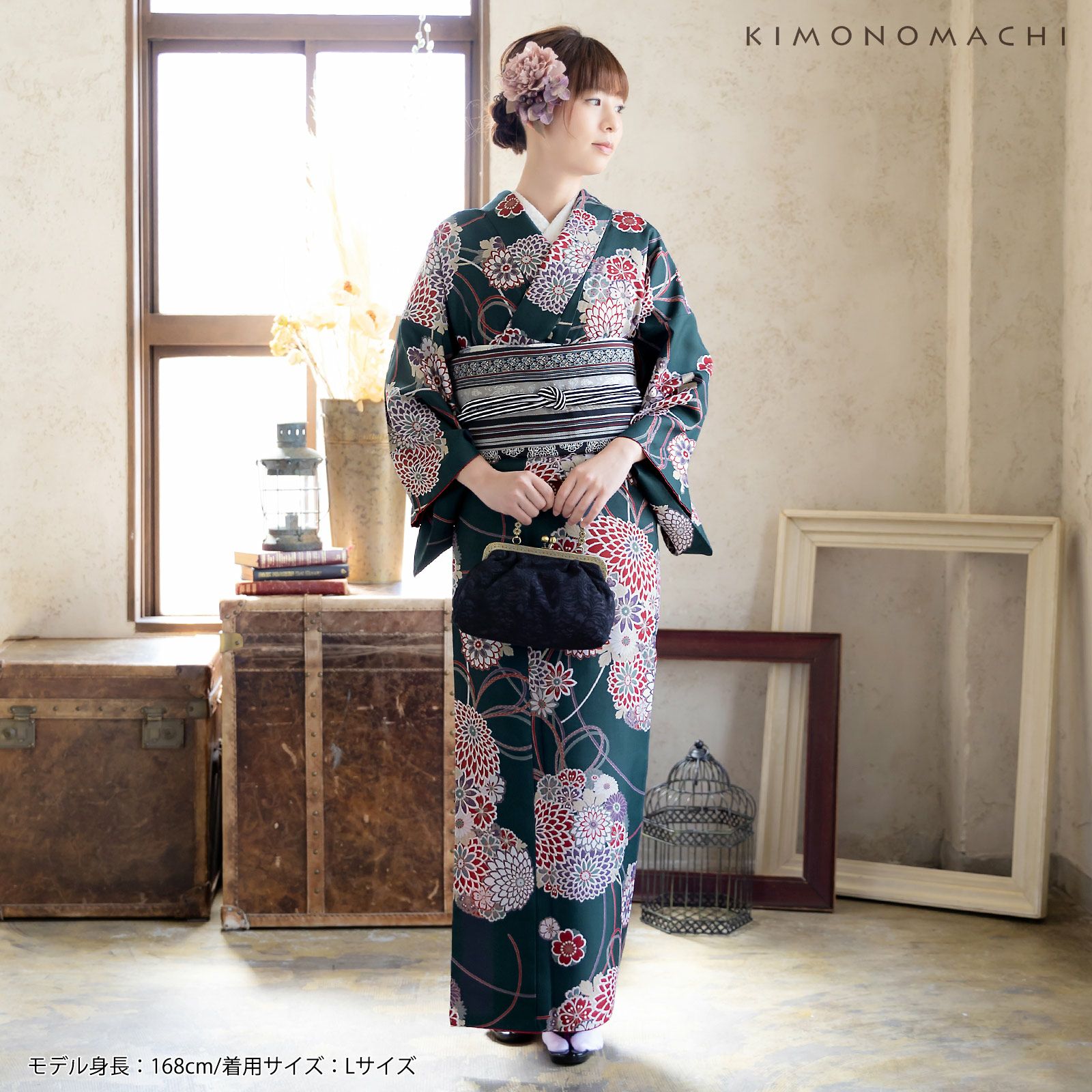 正絹 紬 花唐草柄 袷着物   裄丈66㎝  丸洗い済み！ 紬 単衣 着物 未使用 正絹 春 秋 ライトグレー 草花 カジュアル 美品