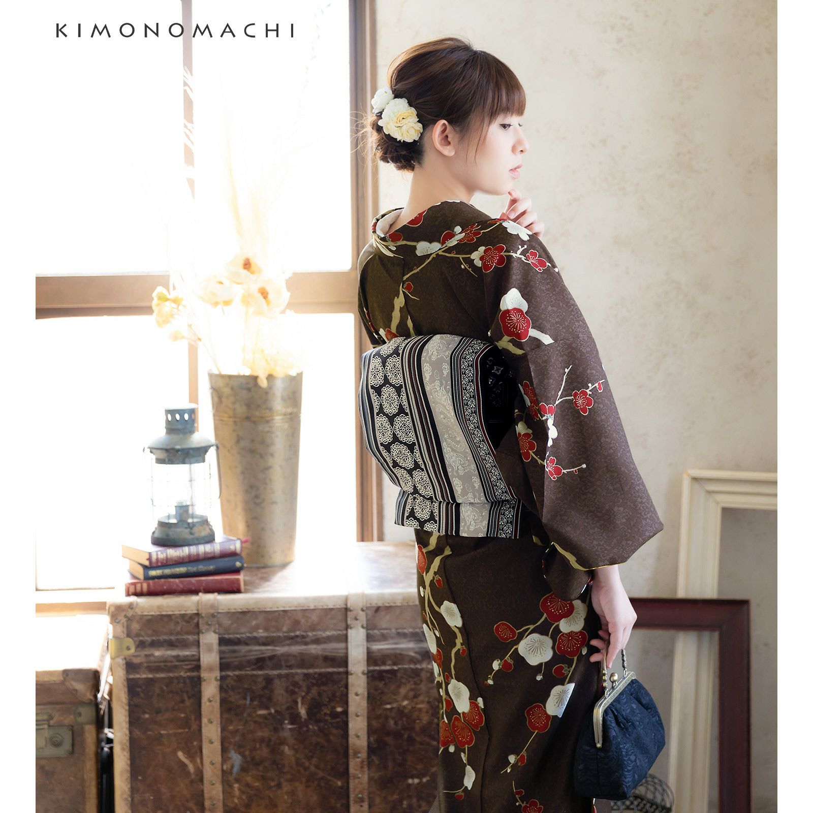 5r30 単帯　グレー　黒　茶色　縦縞　柄物　和装　着物 KIMONOMACHI 洗える着物 袷着物単品 「縞更紗 利休」 オリジナル