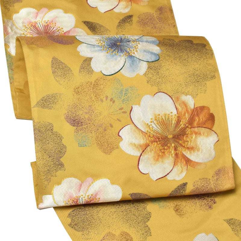 振袖 帯「黄土色　桜」日本製 西陣織 西陣織証紙番号 No.29 株式会社西陣まいづる謹製 未仕立て 六通柄 振袖用 袋帯 振袖帯