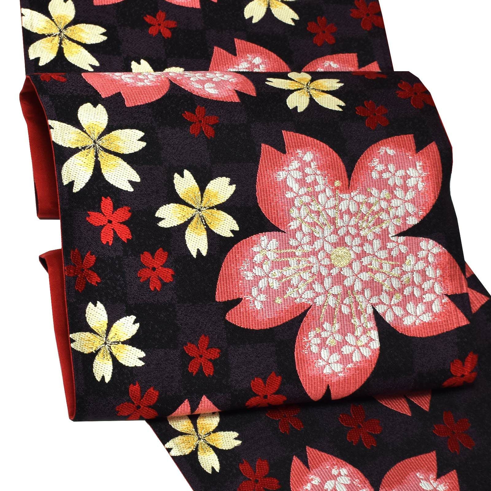 振袖 帯「黒市松、桜花」日本製 未仕立て 六通柄 振袖用 袋帯 振袖帯