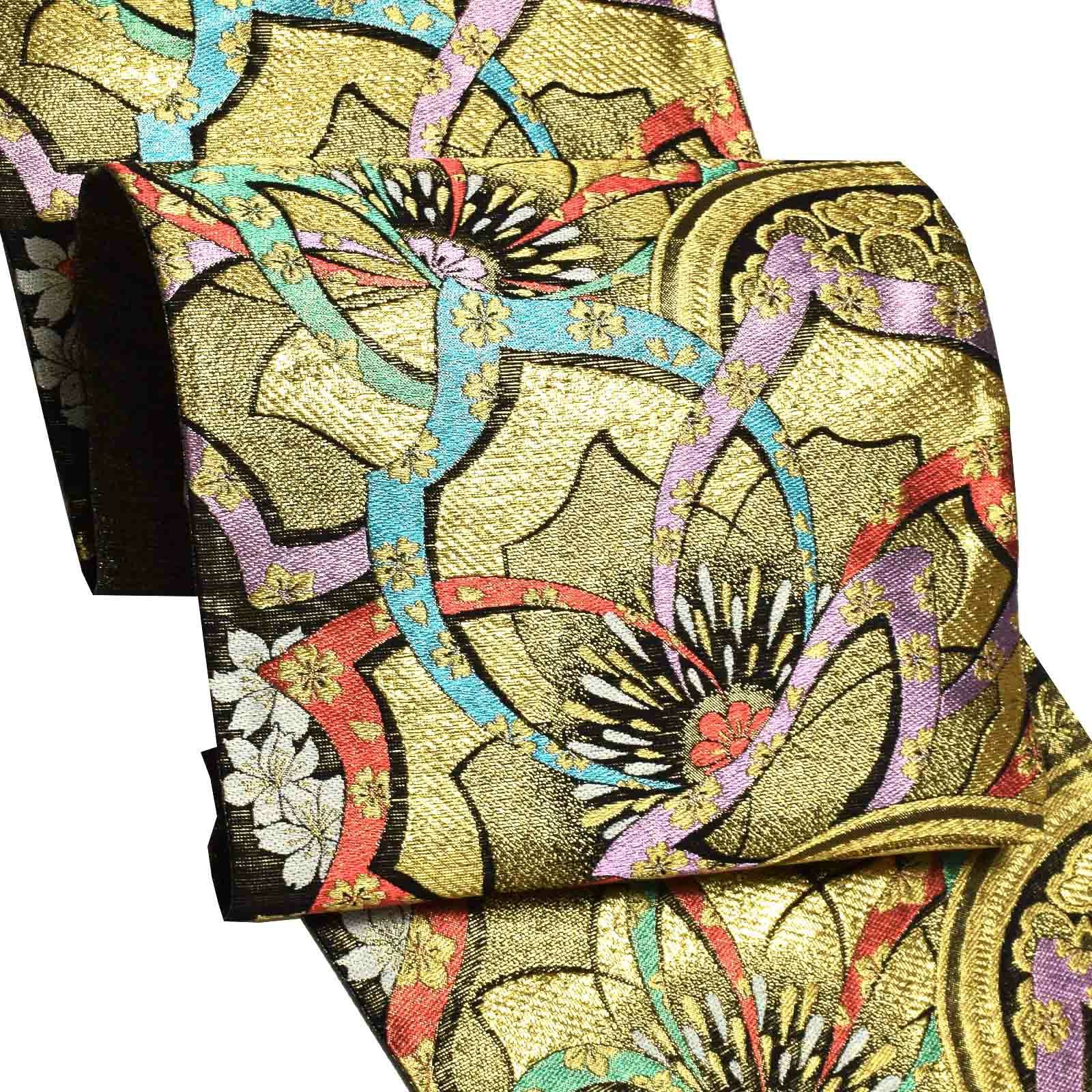 振袖 帯「黒×ゴールド　花、桜紋」日本製 西陣織 西陣織証紙番号 No.2219 佐々木染織株式会社謹製 未仕立て 六通柄 振袖用 袋帯 振袖帯