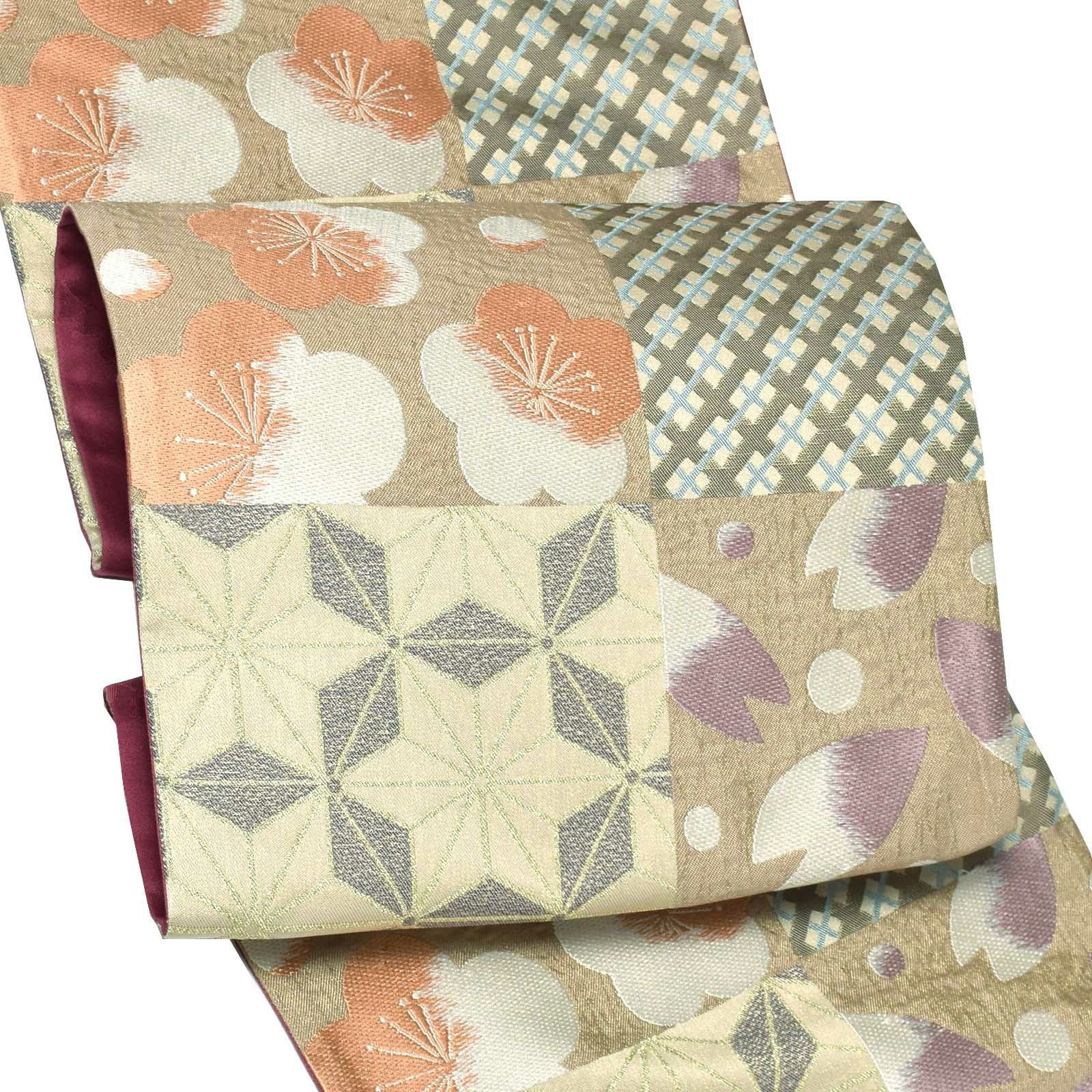 振袖 帯「ゴールドベージュ　市松取り、梅桜に幾何学」日本製 未仕立て 六通柄 振袖用 袋帯 振袖帯