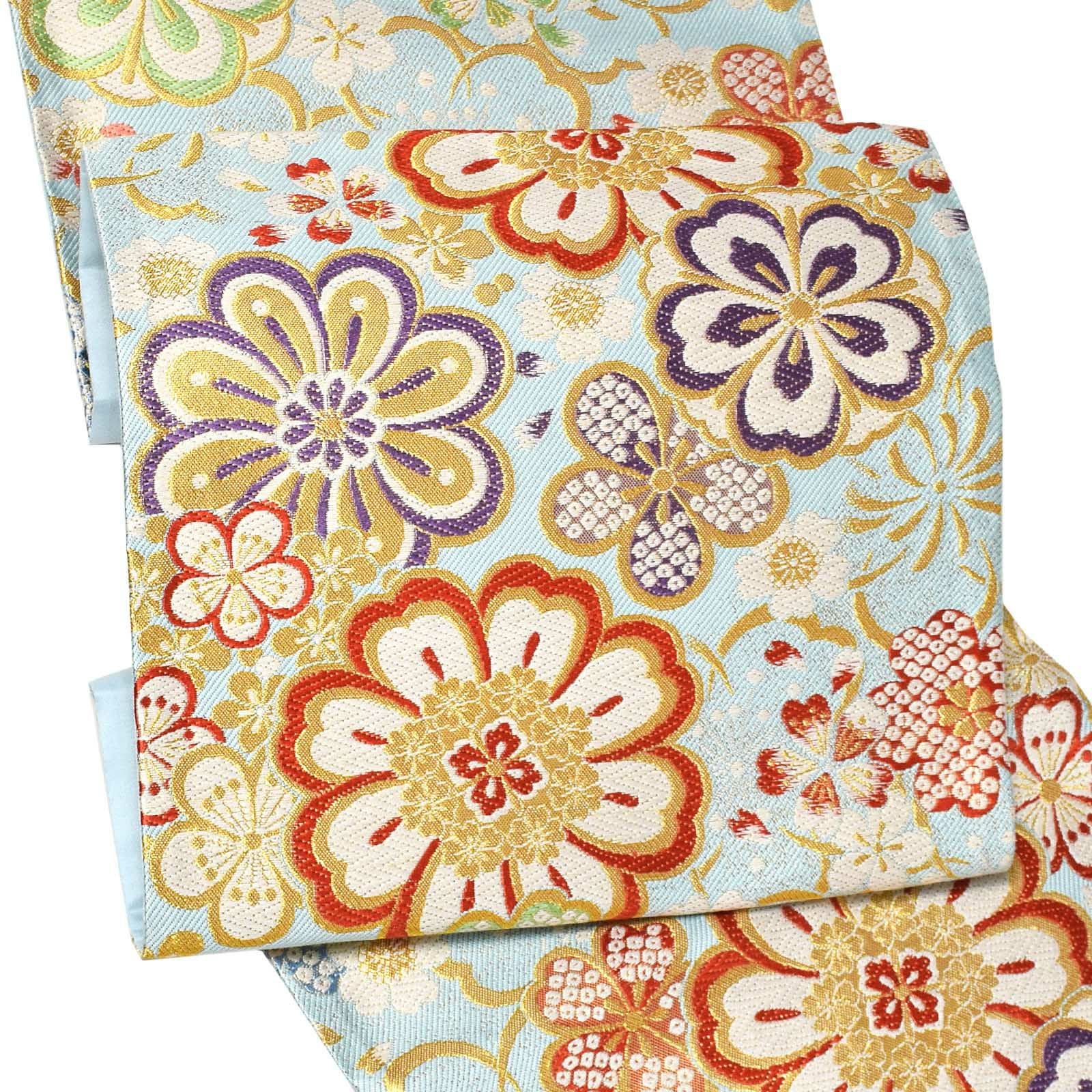 振袖 帯「水色　花紋」日本製 西陣織 西陣織証紙番号 No.2362 大光株式会社 未仕立て 六通柄 振袖用 袋帯 振袖帯