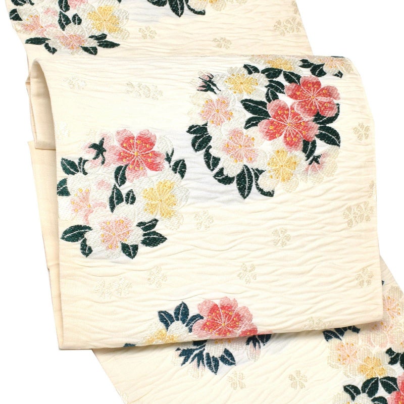 【訳アリ】振袖 帯「象牙色　桜の丸」日本製 西陣織 西陣織証紙番号 No.172 岡文織物株式会社謹製 未仕立て 六通柄 振袖用 袋帯 振袖帯