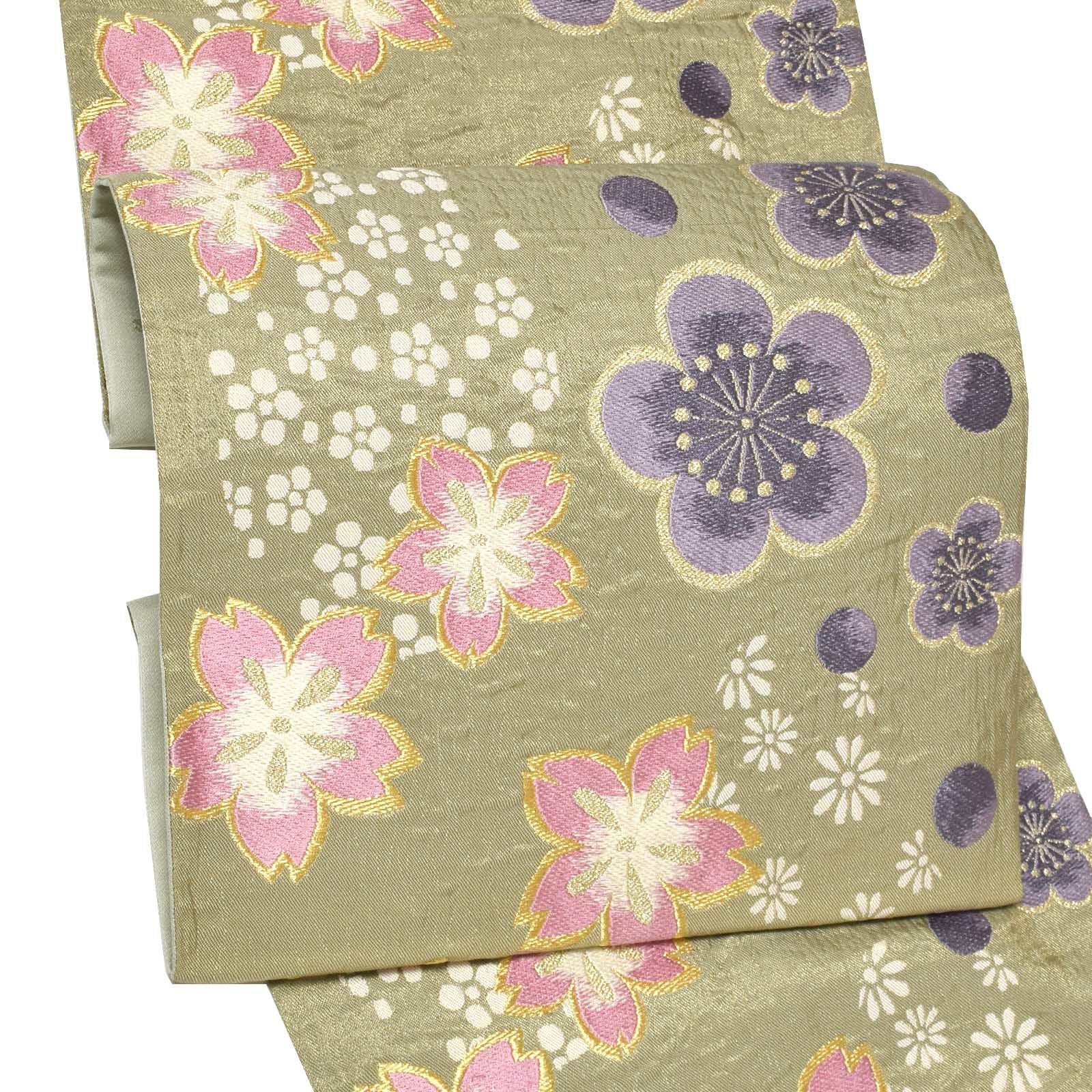 振袖 帯「山葵色 梅に桜」日本製 西陣織 西陣織証紙番号 No.172 岡文