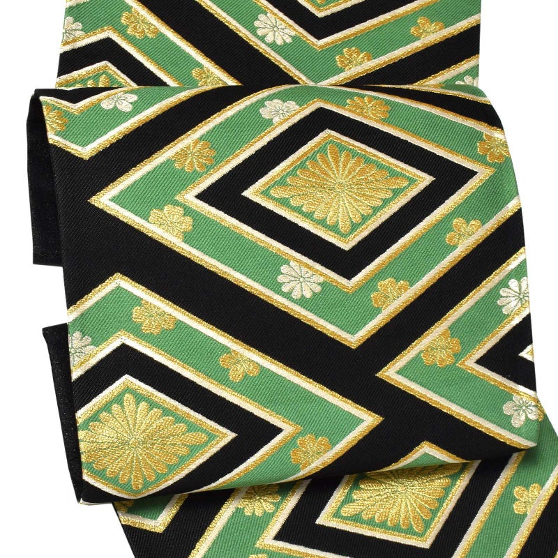 振袖 帯「黒　菊入花菱」日本製 西陣織 西陣織証紙番号 No.2362 大光株式会社謹製 未仕立て 六通柄 振袖用 袋帯 振袖帯