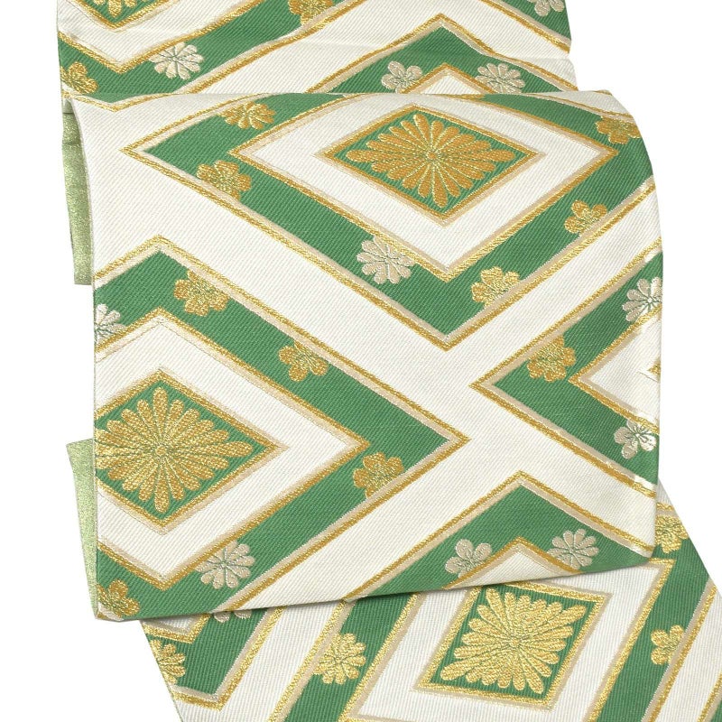 振袖 帯「白　菊入花菱」日本製 西陣織 西陣織証紙番号 No.2362 大光株式会社謹製 未仕立て 六通柄 振袖用 袋帯 振袖帯