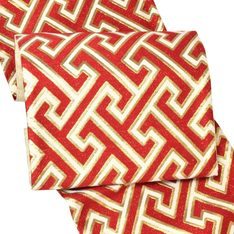 振袖 帯「赤　工字繋ぎ」日本製 西陣織 西陣織証紙番号 No.2219 佐々木染織株式会社謹製 未仕立て 六通柄 振袖用 袋帯 振袖帯