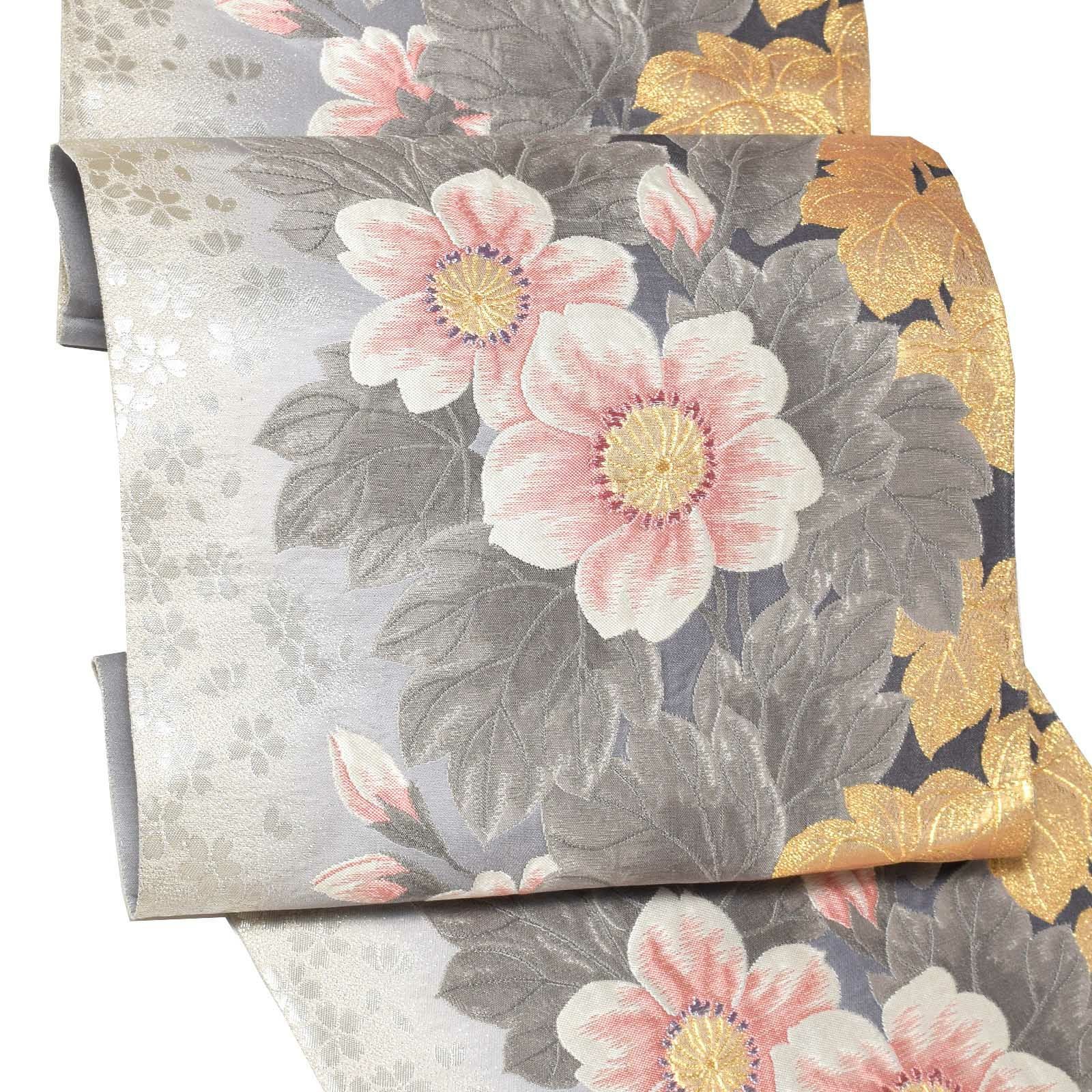 振袖 帯「グレー　花」日本製 西陣織 西陣織証紙番号 No.329 株式会社川島織物セルコン身装謹製 未仕立て 六通柄 振袖用 袋帯 振袖帯