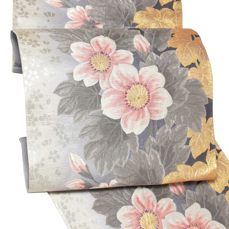 振袖 帯「グレー　花」日本製 西陣織 西陣織証紙番号 No.329 株式会社川島織物セルコン身装謹製 未仕立て 六通柄 振袖用 袋帯 振袖帯