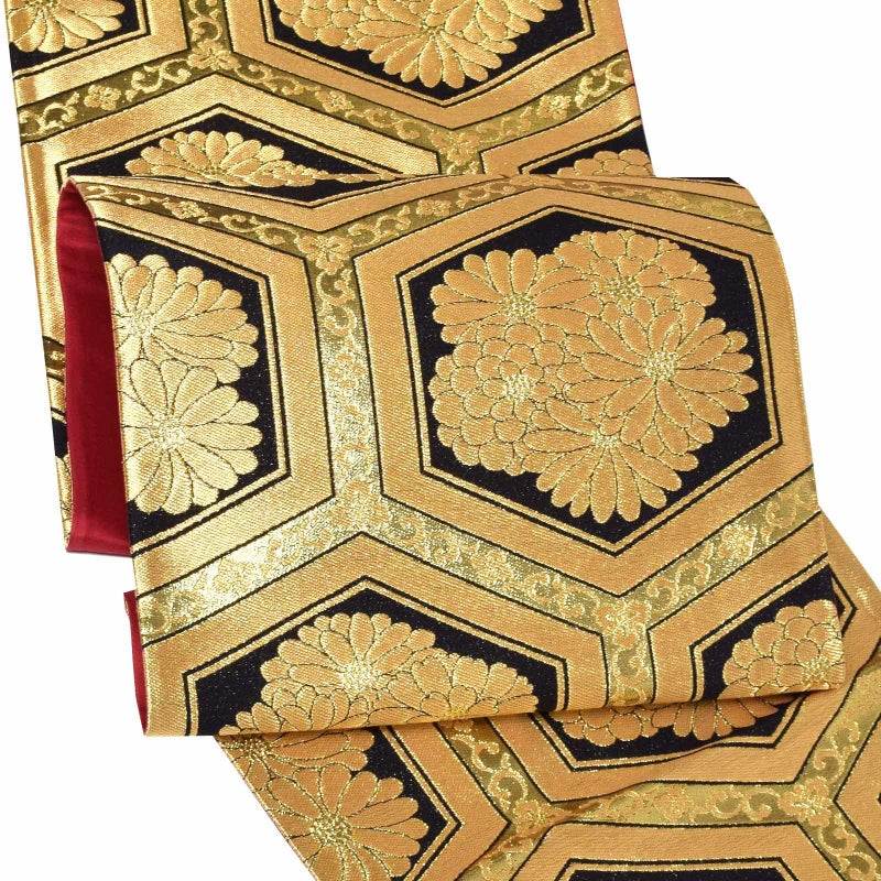 振袖 帯「ゴールド×黒　菊入亀甲」日本製 未仕立て 六通柄 振袖用 袋帯 振袖帯
