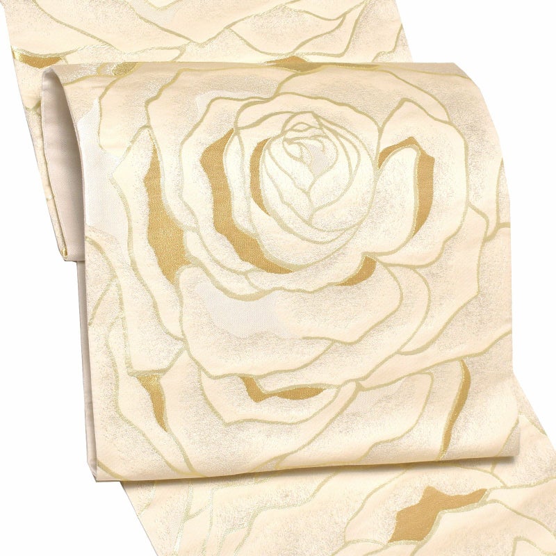 振袖 帯「アイボリー　波薔薇」日本製 未仕立て 六通柄 振袖用 袋帯 振袖帯