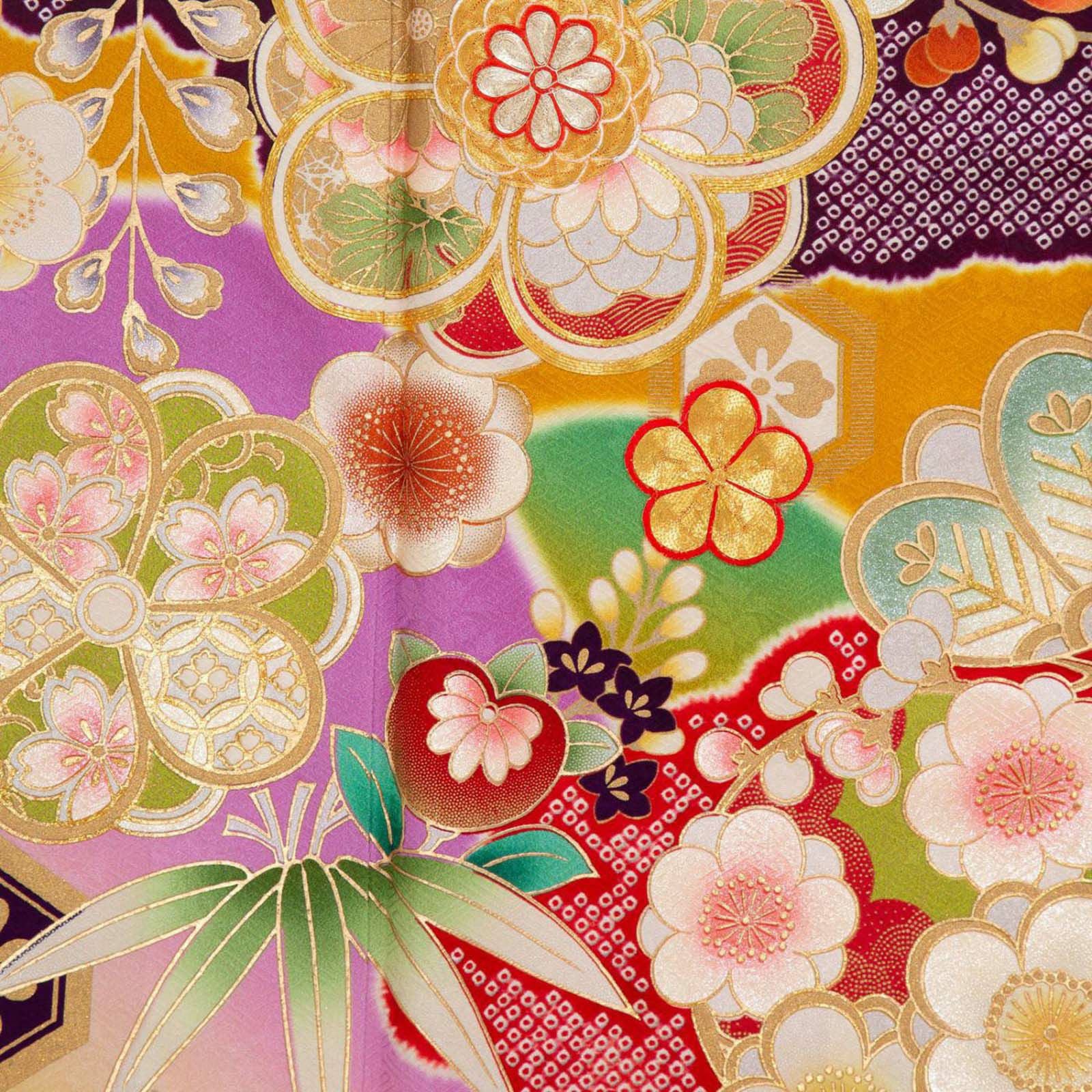 【新品】振袖 オレンジ 藤の花と鳥柄•Мサイズ 振袖：R156 【訳あり】柿色 唐花文様☆(絹)│ 振袖レンタル │ 京都
