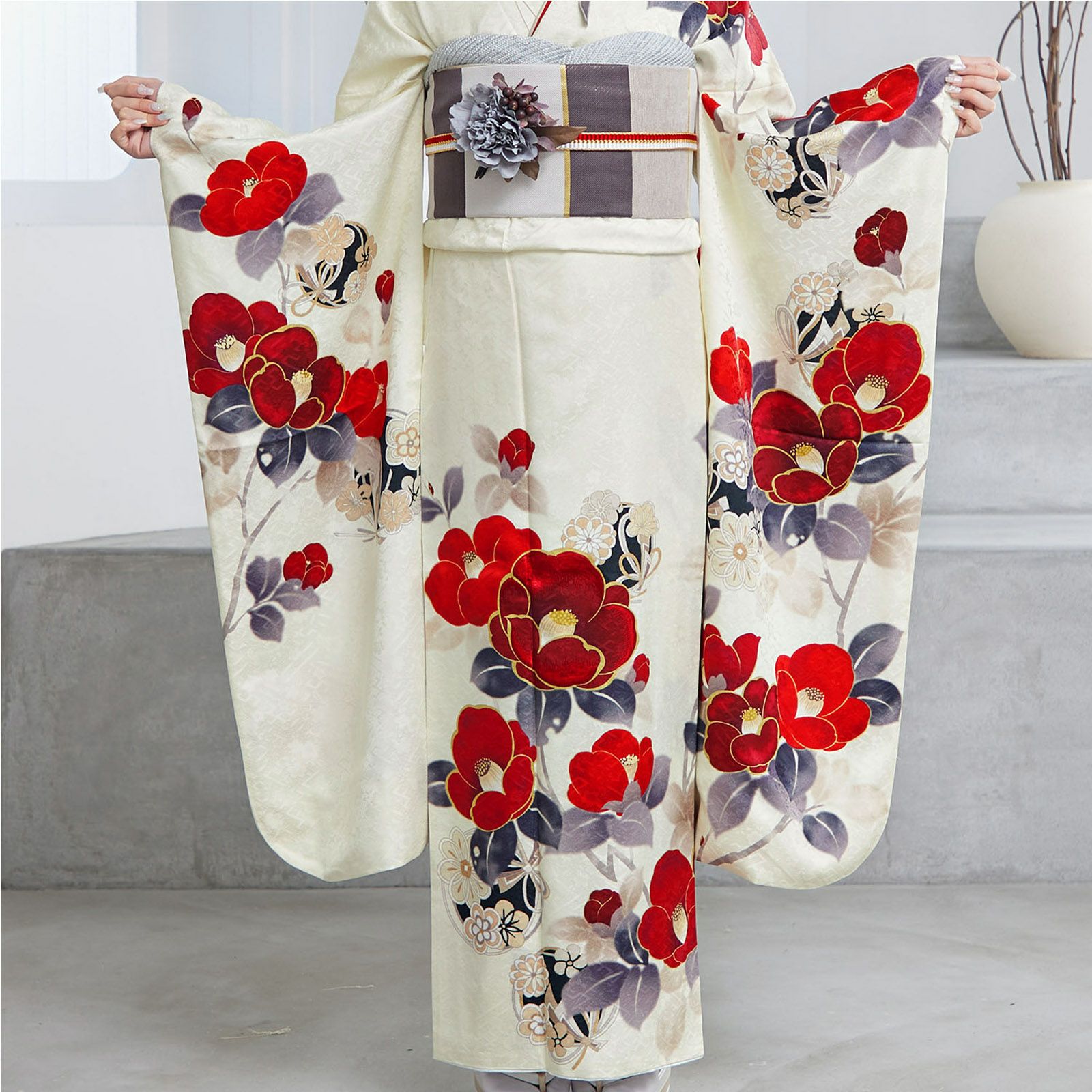 未仕立て 振袖 22点セット「Vサンク クリーム 椿に花丸文」仮絵羽
