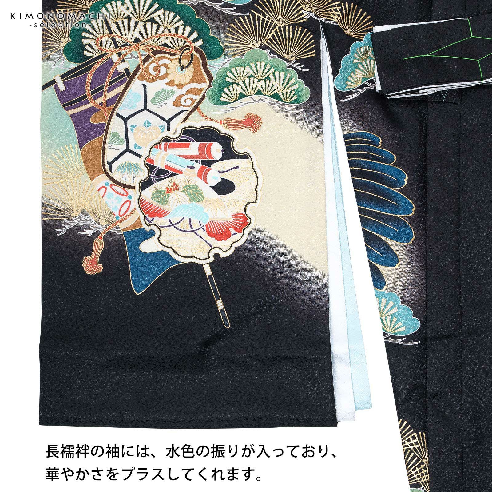 男の子のお宮参り産着 祝い着「黒 鷹、太鼓と車輪」熨斗目 のしめ