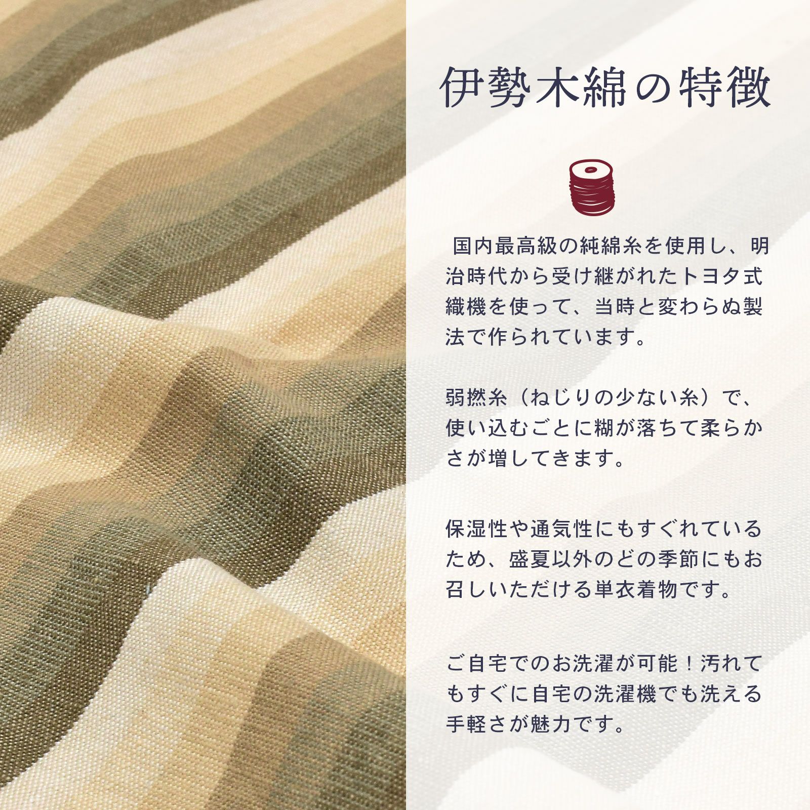 伊勢木綿 洗える着物 反物 レディース「かつお縞 サンドベージュ」未