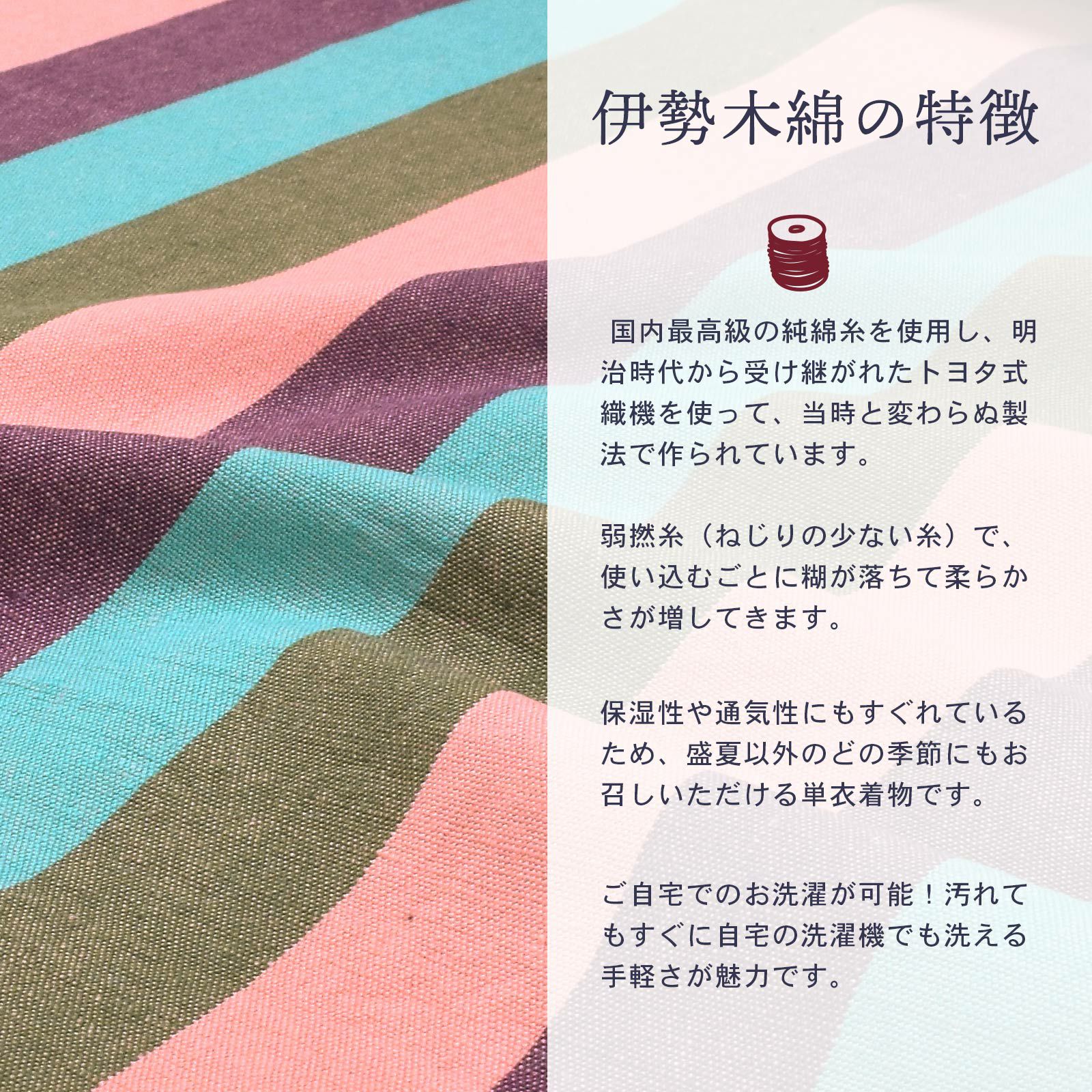 伊勢木綿 洗える着物 反物 レディース「縦縞 利休×浅葱×紫×桃色」未