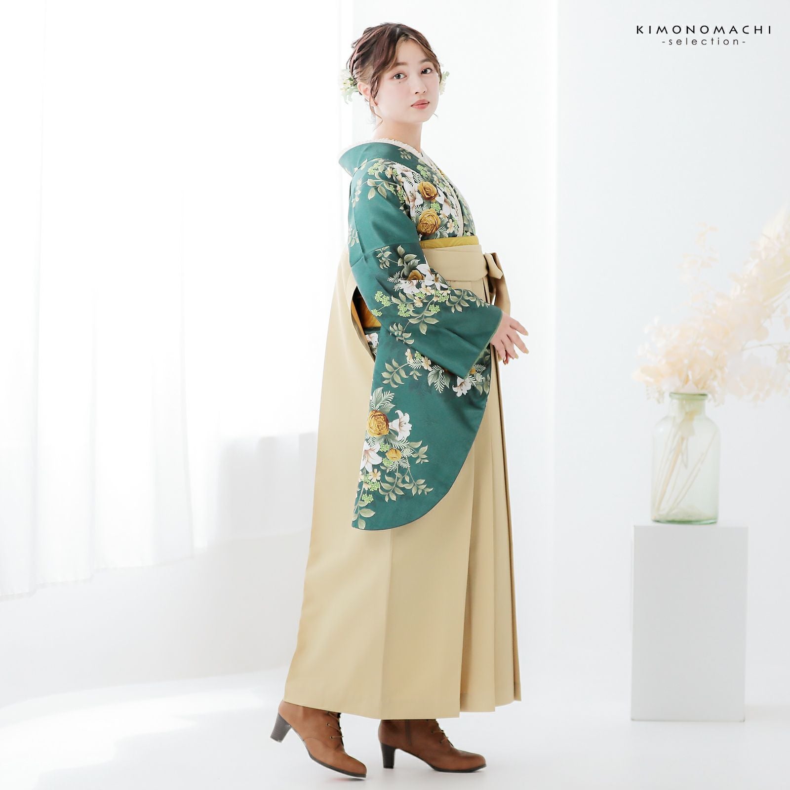二尺袖 着物 袴フルセット RK 薄イエロー×ベージュ 卒業式に NO38571 袴 セット 卒業式 女性 4点セット「二尺袖：ブーケ スレートグリーン＋