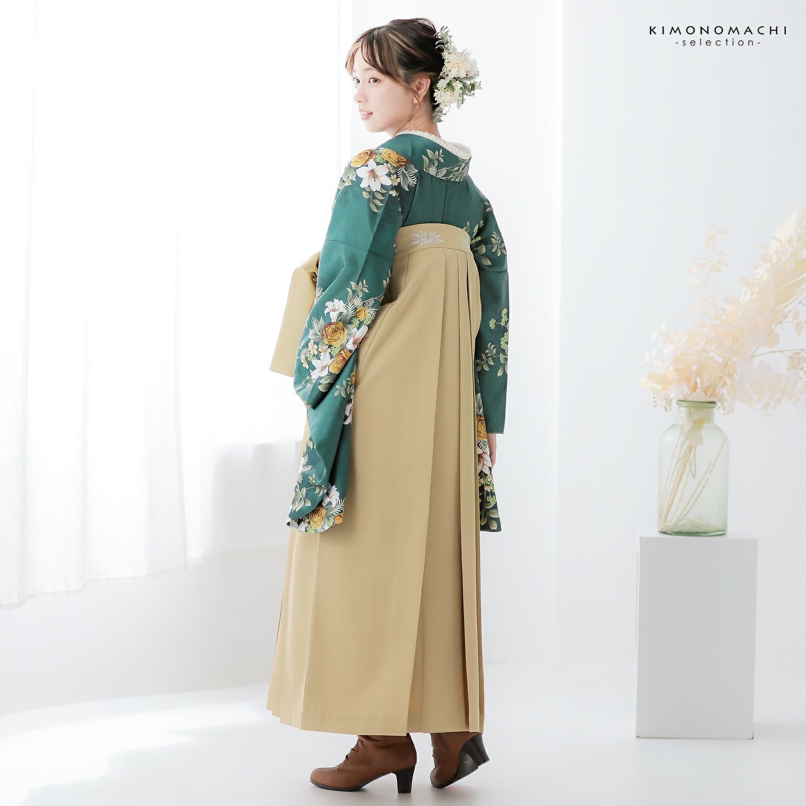 袴 セット 卒業式 女性 4点セット「二尺袖：ブーケ スレートグリーン＋