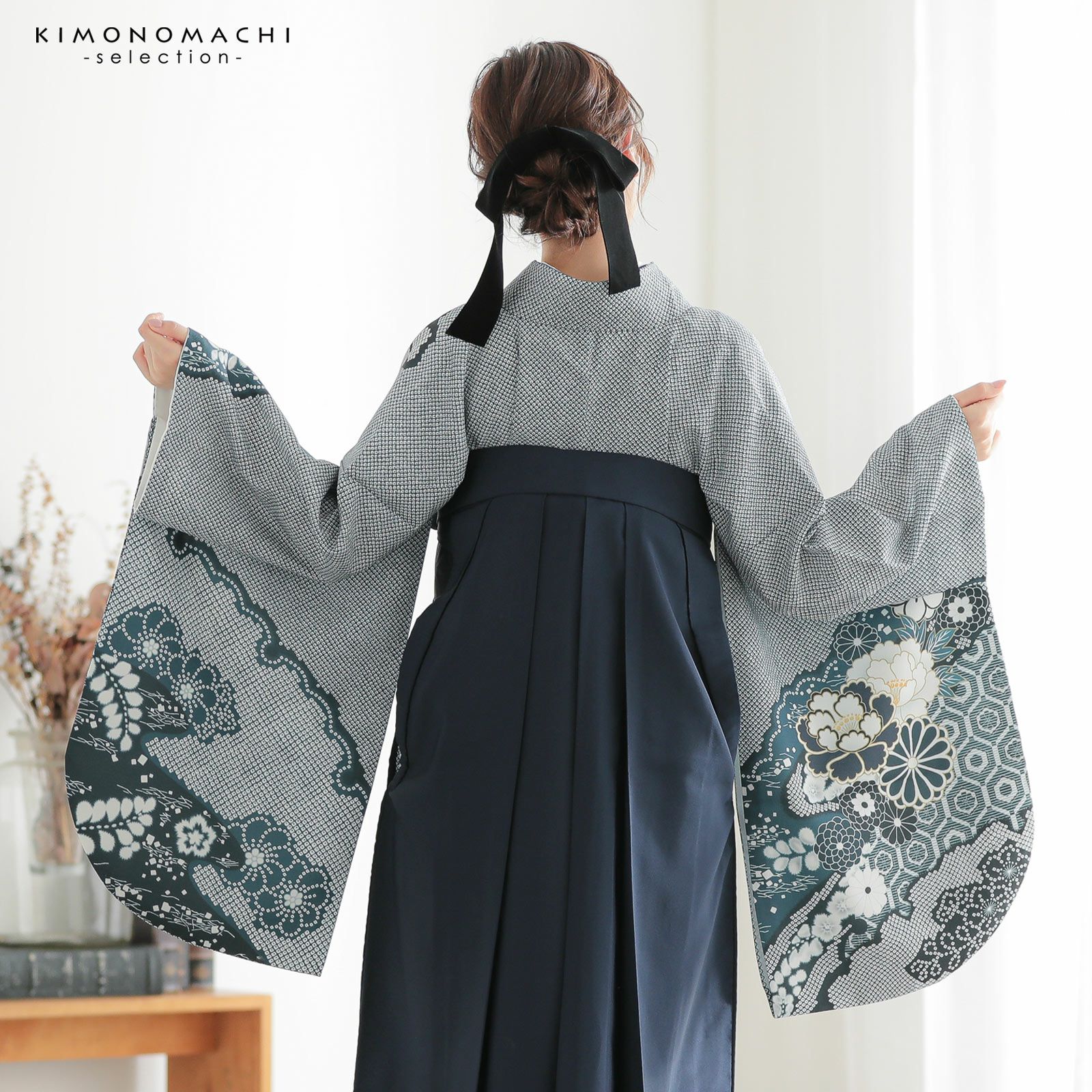 袴 セット 卒業式 女性 4点セット「二尺袖：藍色 菊牡丹に疋田＋袴