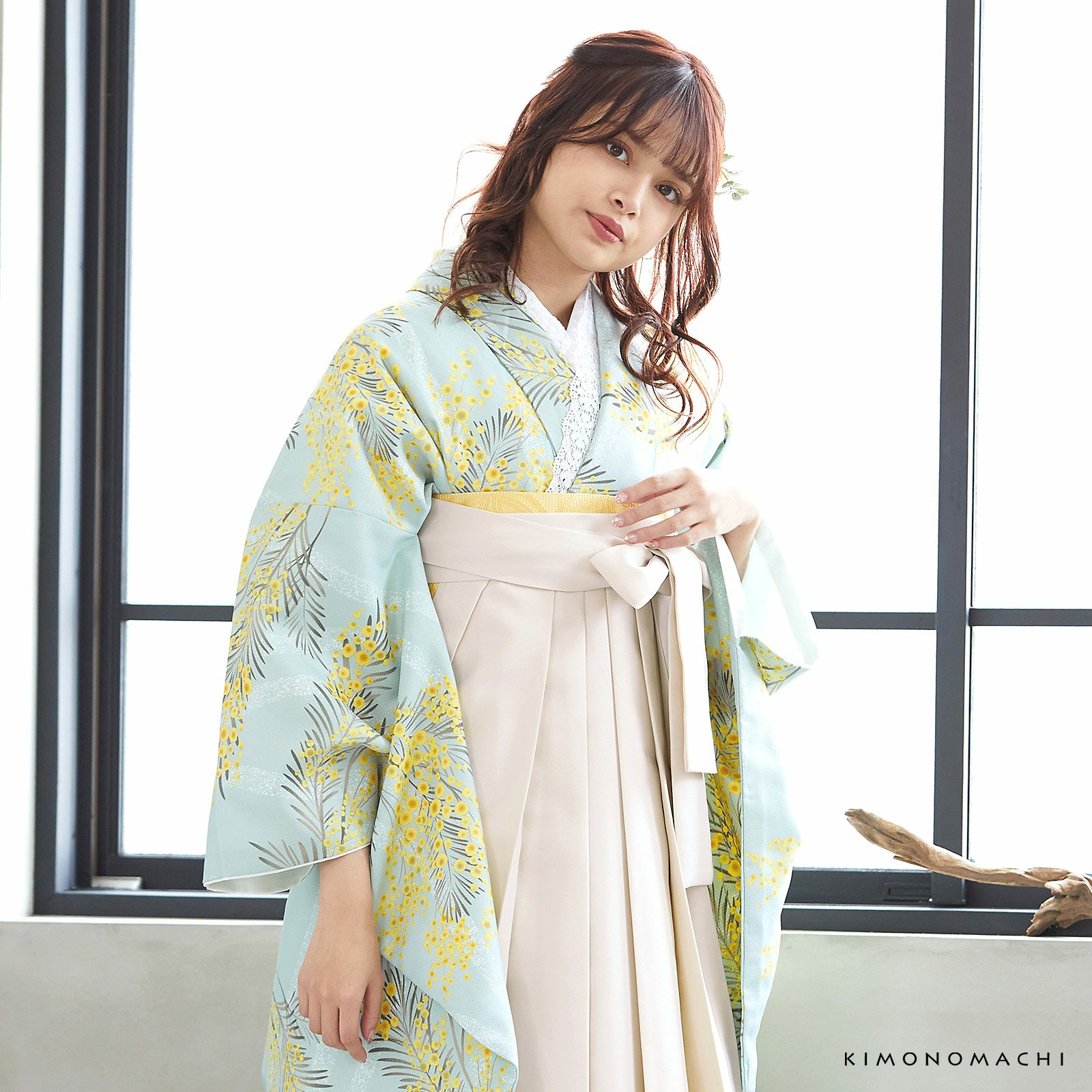 袴 セット 卒業式 女性 4点セット「二尺袖：ミモザに立涌 錆青磁色＋袴