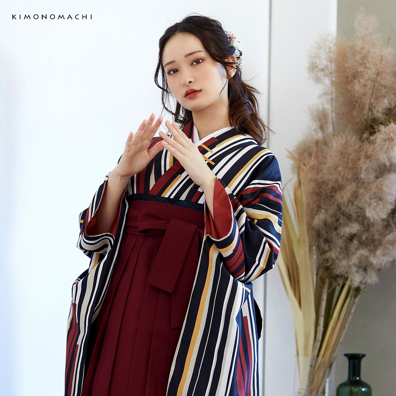 袴 セット 卒業式 女性 4点セット「二尺袖：ラインカラー 黄色×薄香＋