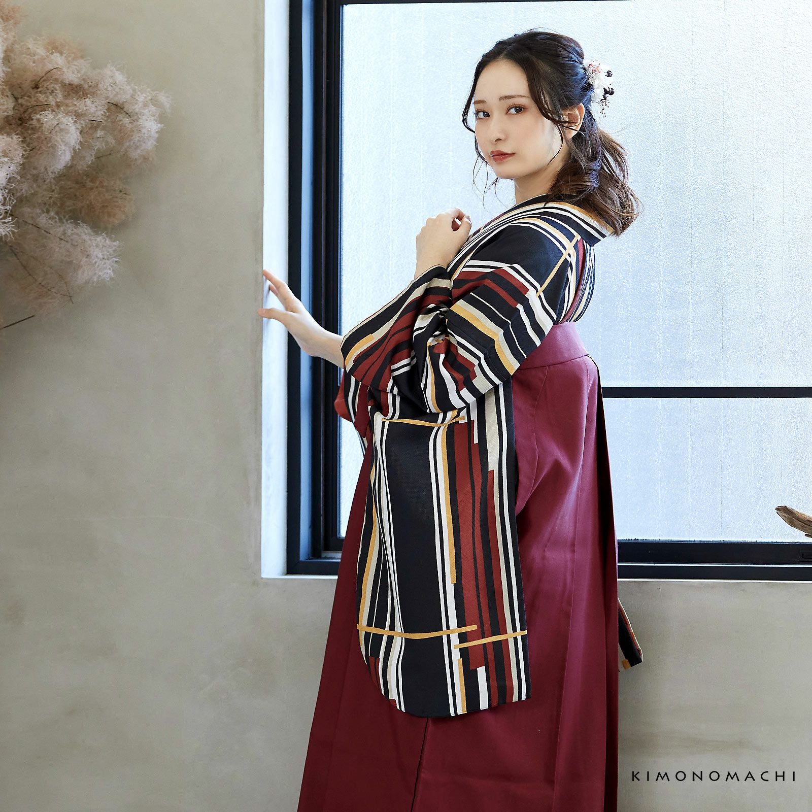 袴 セット 卒業式 女性 4点セット「二尺袖：ラインカラー 黄色×薄香＋
