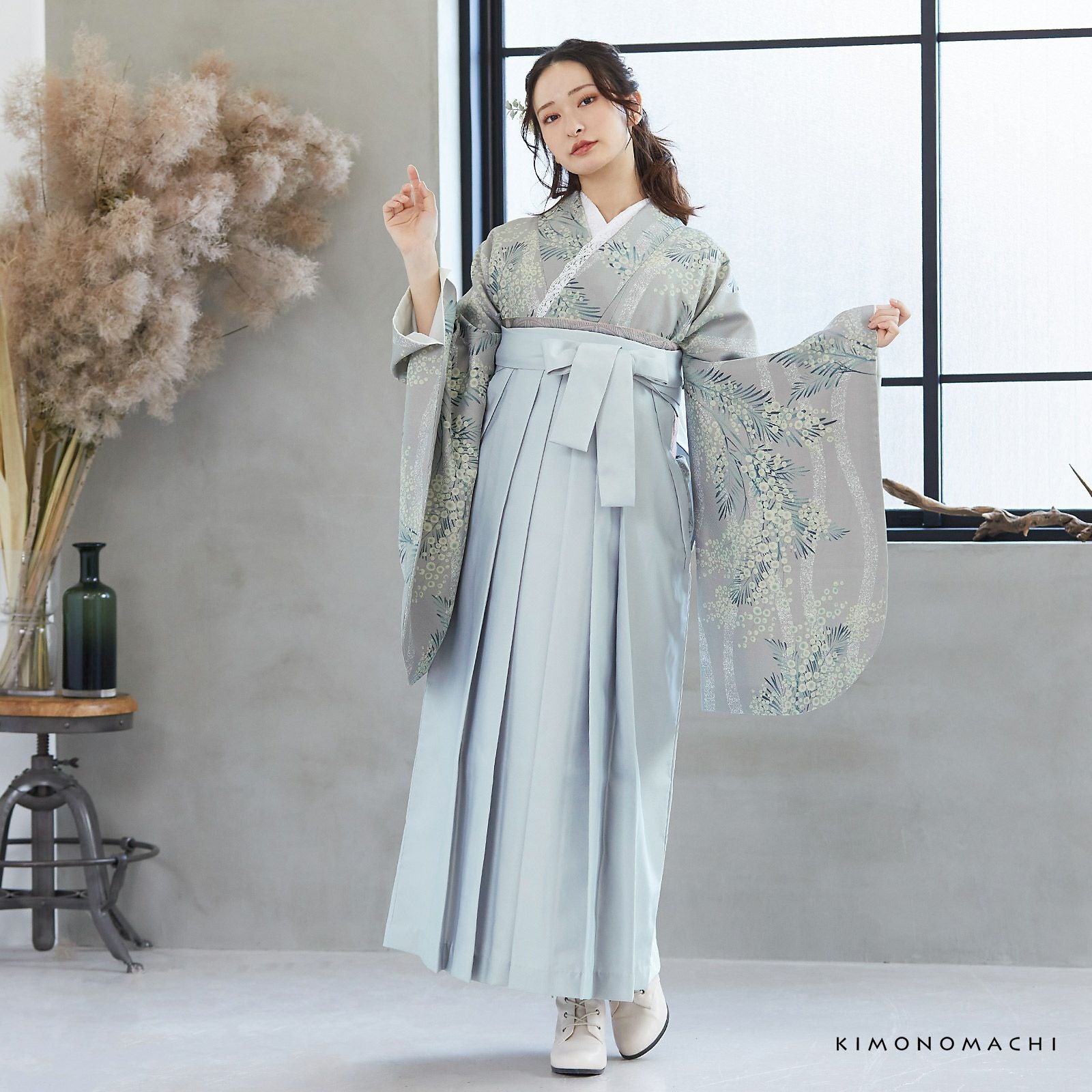 袴 セット 卒業式 女性 4点セット「二尺袖：ミモザに立涌 灰青＋袴