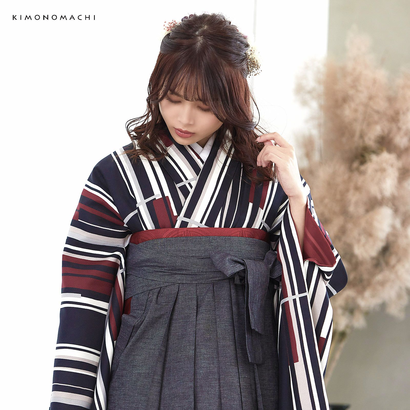袴 セット 卒業式 女性 4点セット「二尺袖:ラインカラー 灰色×赤+袴 袴 セット 卒業式 女性 4点セット「二尺袖:ラインカラー 灰色×赤+袴