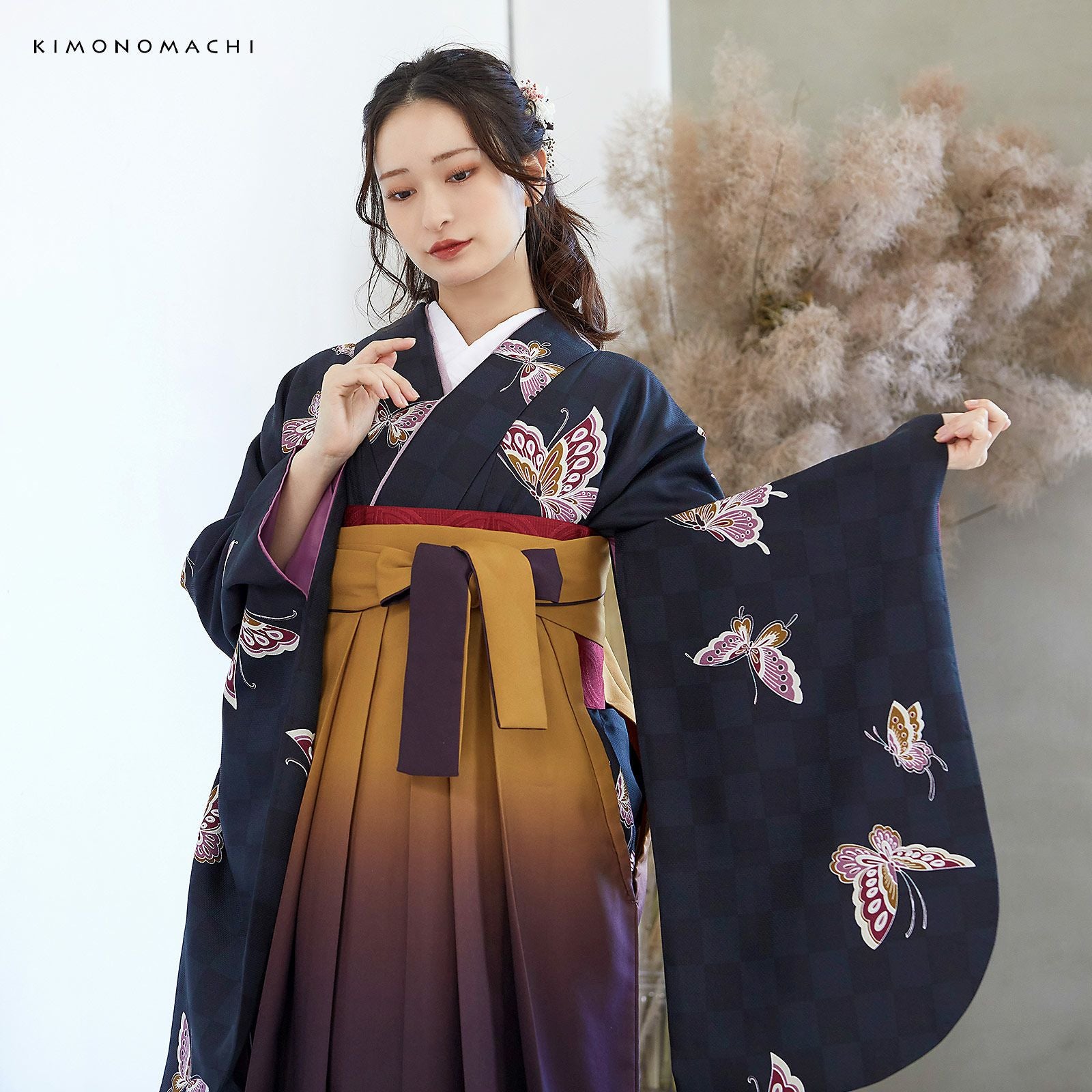 袴 セット 卒業式 女性 4点セット「二尺袖：飛び蝶 黒市松＋袴：金茶