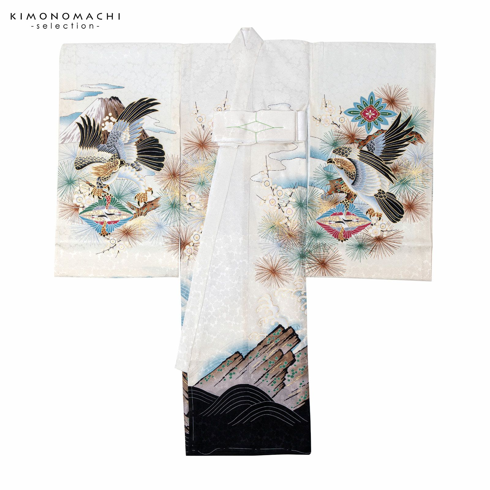 男の子のお宮参り産着 祝い着「白地 龍に兜、向かい鶴菱」正絹 日本製