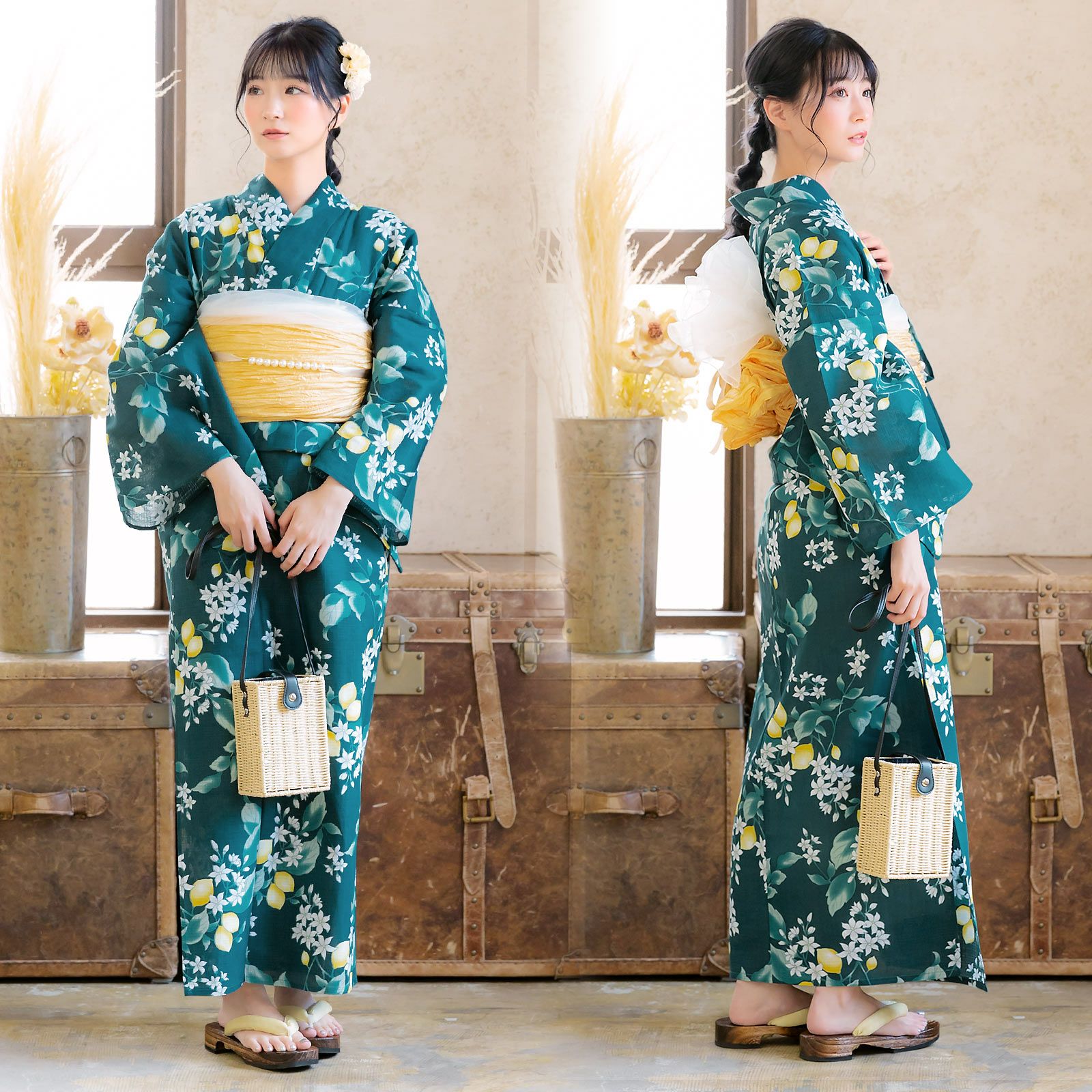 浴衣 レディース 大人可愛い 女性浴衣単品「檸檬・八重椿・クレマチス
