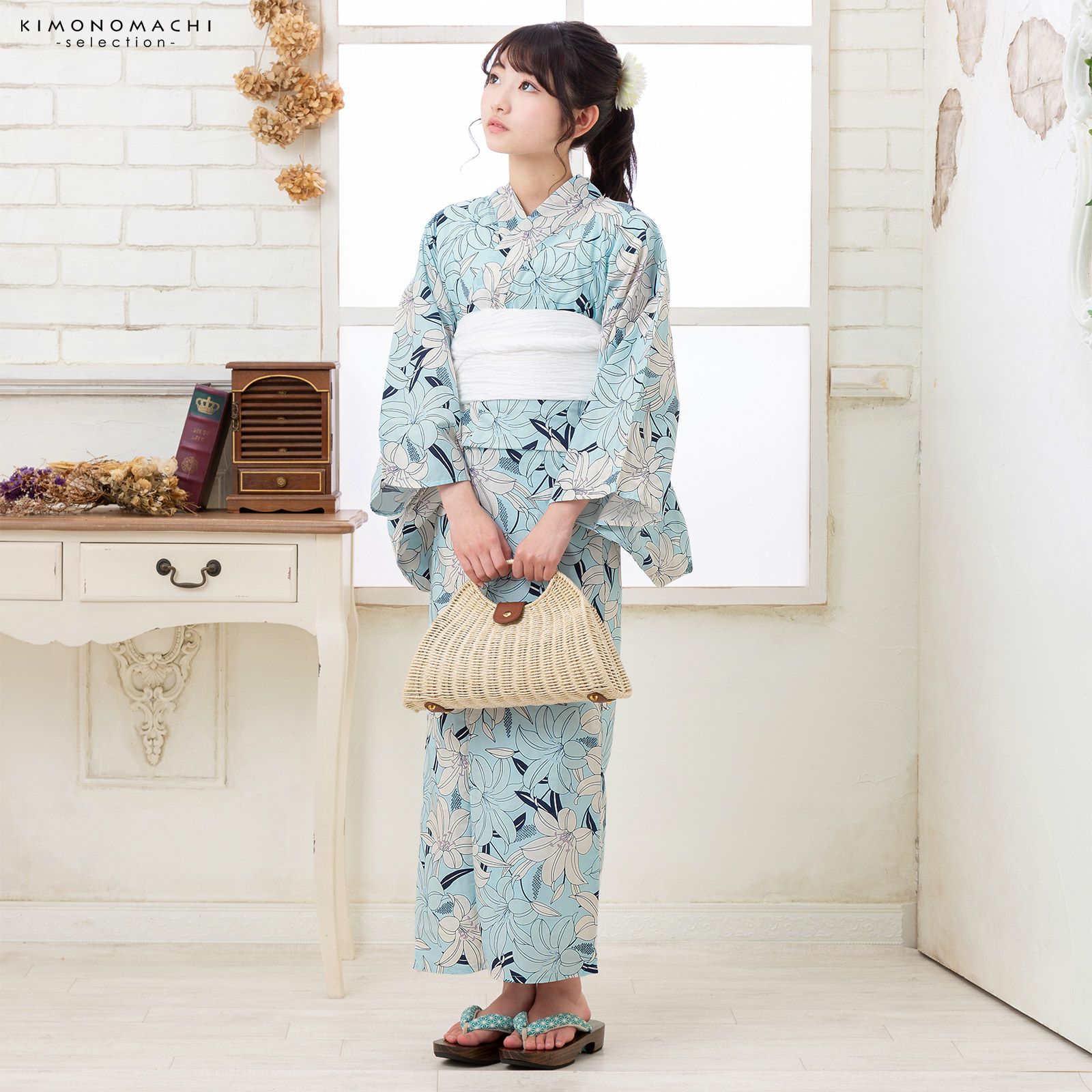 浴衣 子供 女の子 子供浴衣 単品「スカイブルー 百合」110cm/120cm