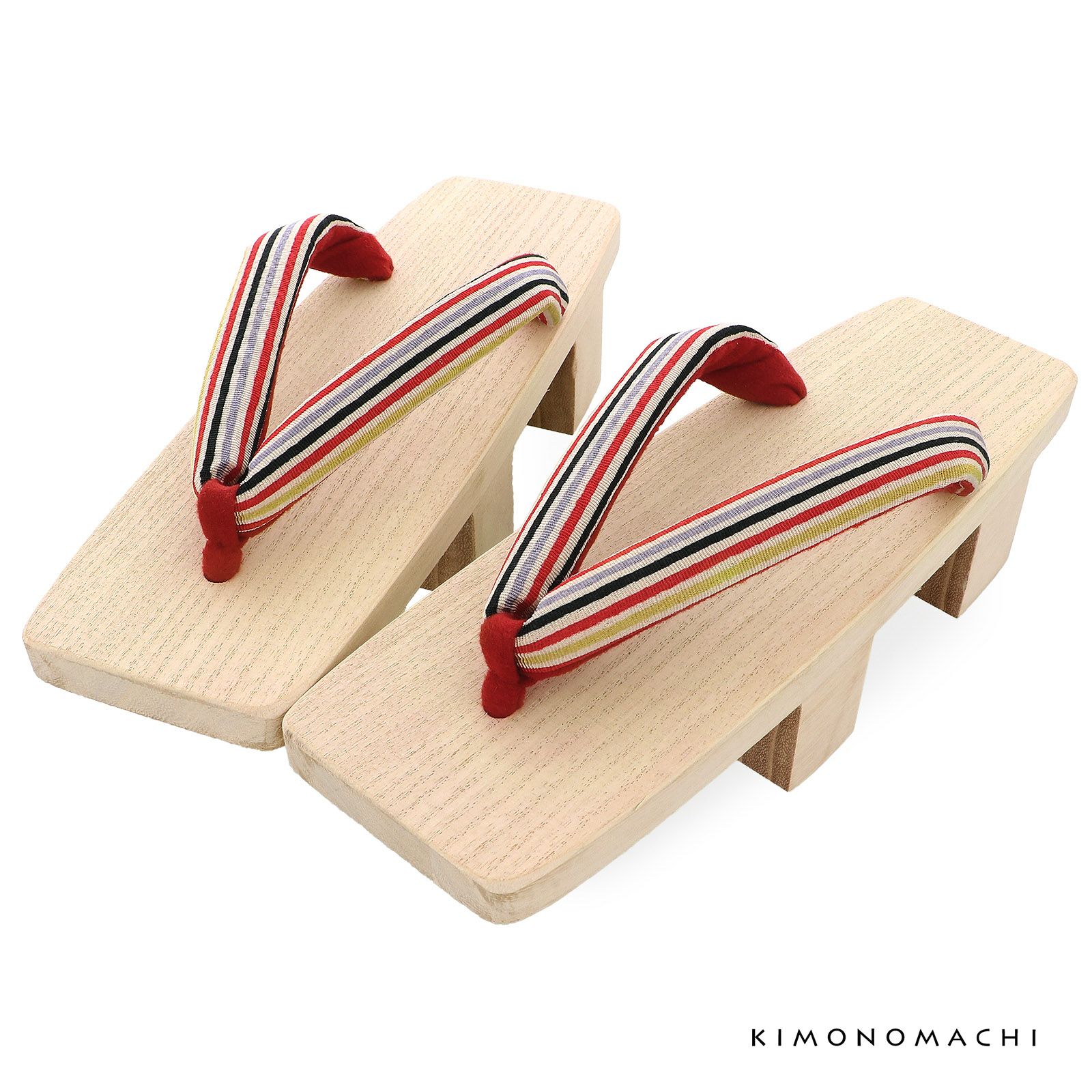 二枚歯下駄 単品「赤、黒、ピンクの縞の鼻緒、白木台」三味 女性下駄 日本製 レディース 桐下駄