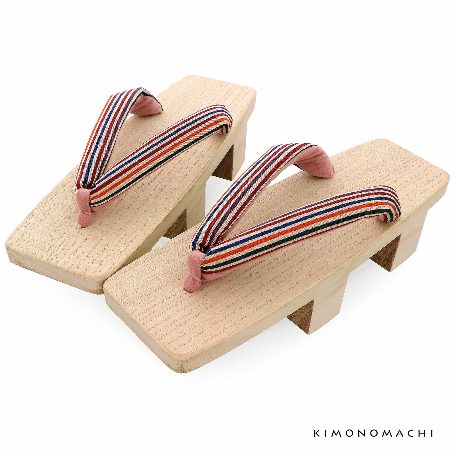二枚歯下駄 単品「赤紫、オレンジ、青の縞の鼻緒、白木台」三味 女性下駄 日本製 レディース 桐下駄