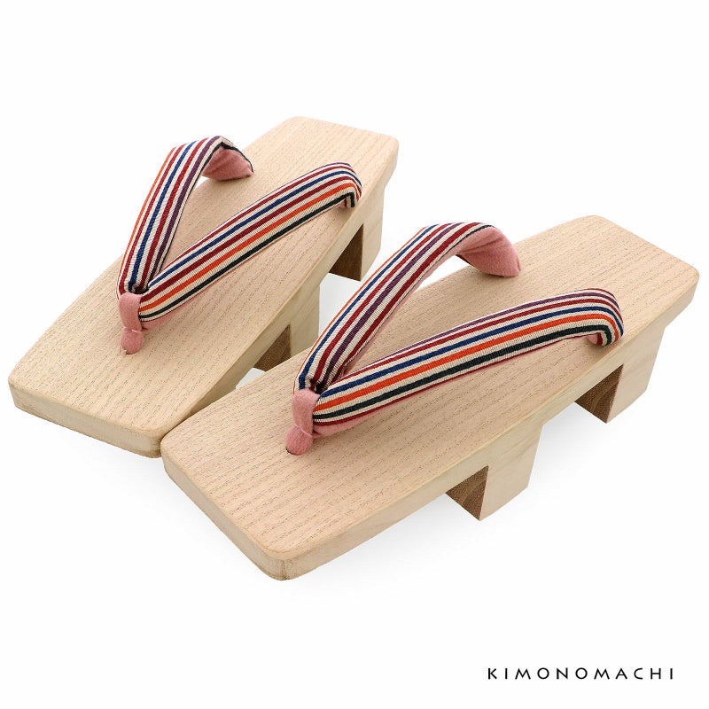 二枚歯下駄 単品「赤紫、オレンジ、青の縞の鼻緒、白木台」三味 女性下駄 日本製 レディース 桐下駄