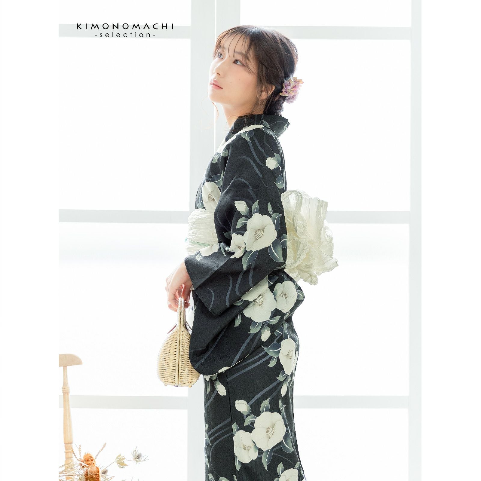 浴衣 レディース 女性浴衣単品「椿 藍鉄色」ポリエステル浴衣 プレタ