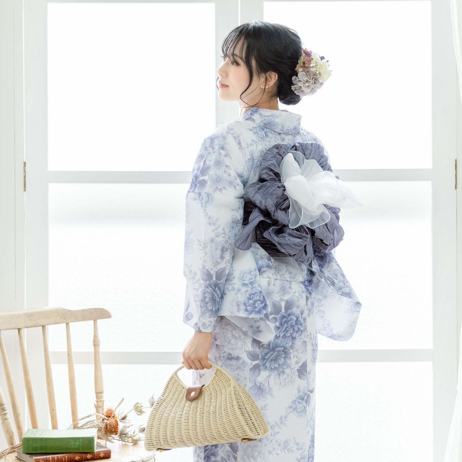 浴衣 レディース 女性浴衣単品「ピオニー ブルーグレー」ポリエステル