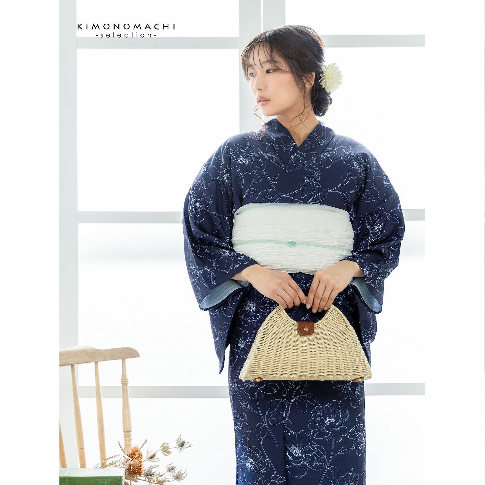 浴衣 レディース 女性浴衣単品「フラワー ネイビー」ポリエステル浴衣