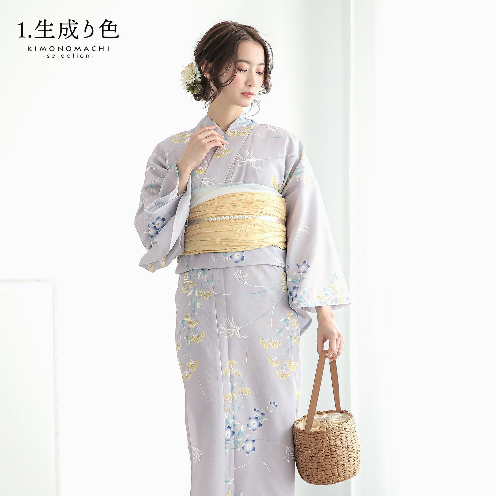 バケツ型 巾着バッグ 単品 「生成り色・紺」ハンドバッグ かごバッグ