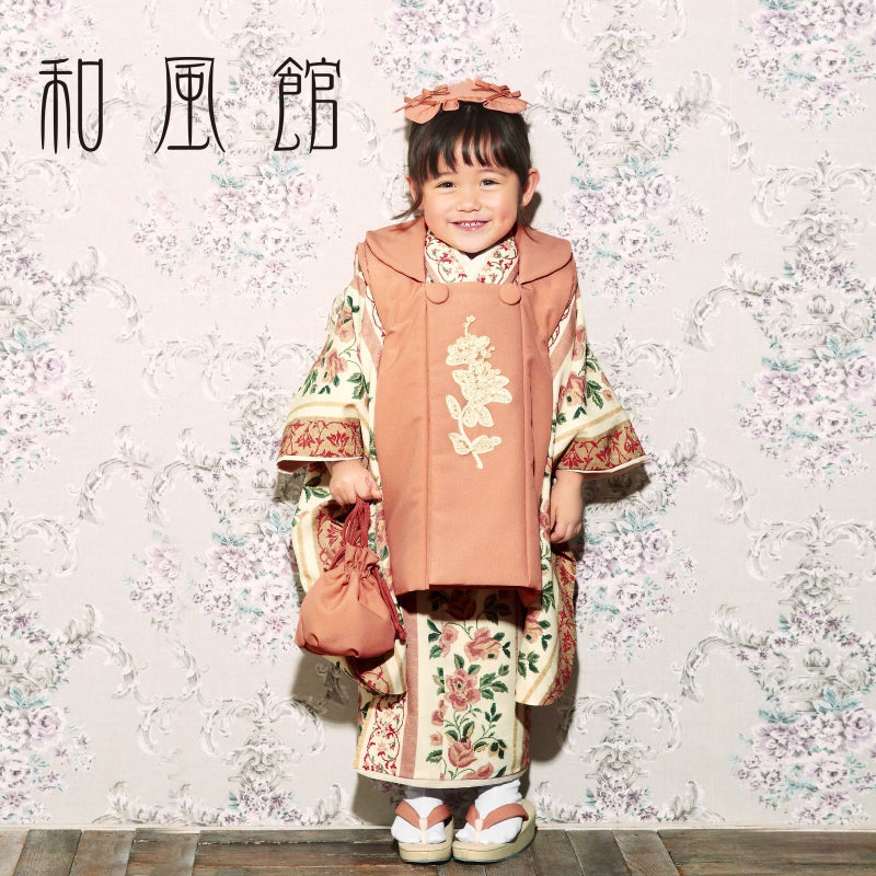 七五三 着物 3歳 女の子 ブランド被布セット 和風館「灰桃色　ステッチ調バラ」三歳女児被布セット 子供着物 フルセット 三才のお祝い着 3才向け