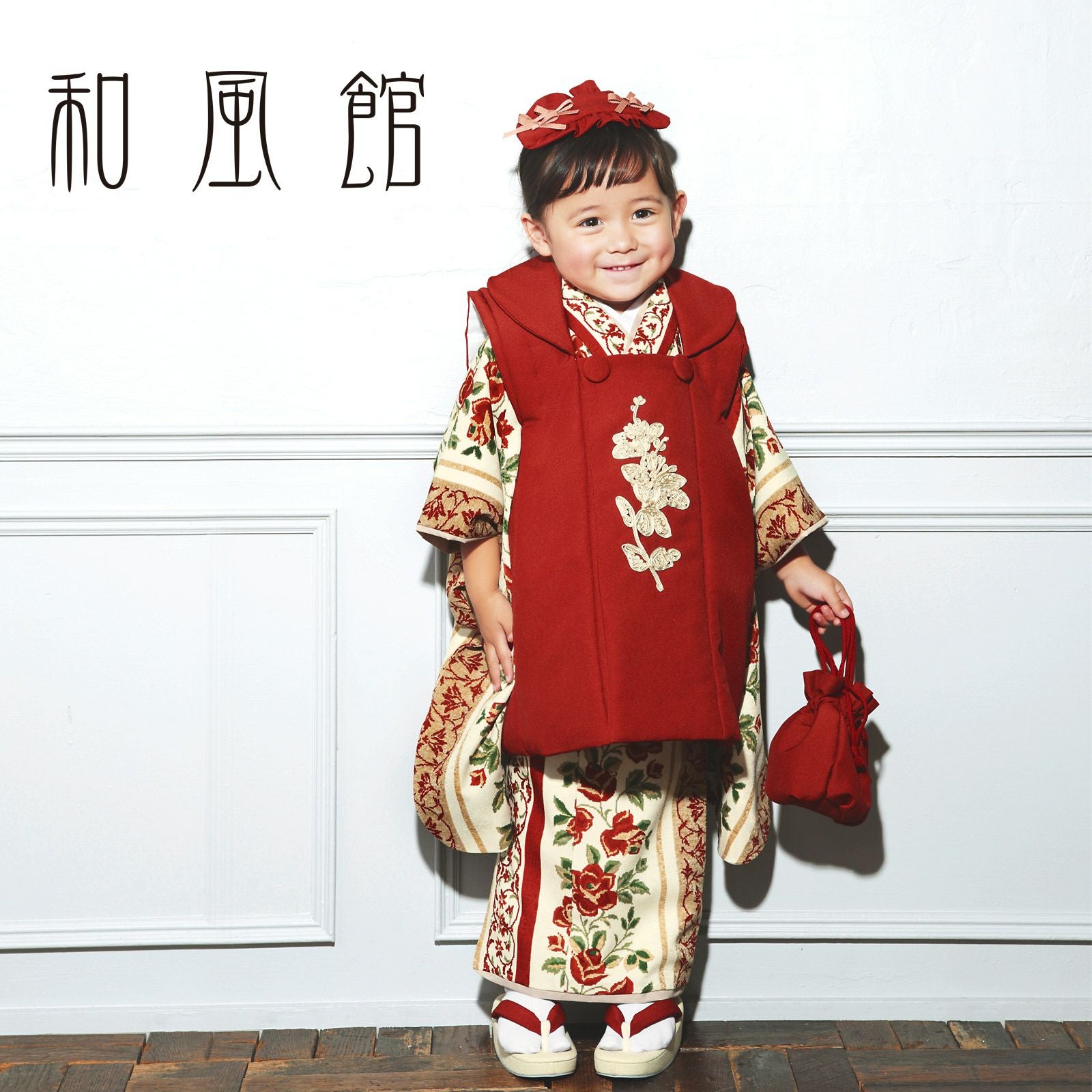 七五三 着物 3歳 女の子 ブランド被布セット 和風館「赤紅色 ステッチ