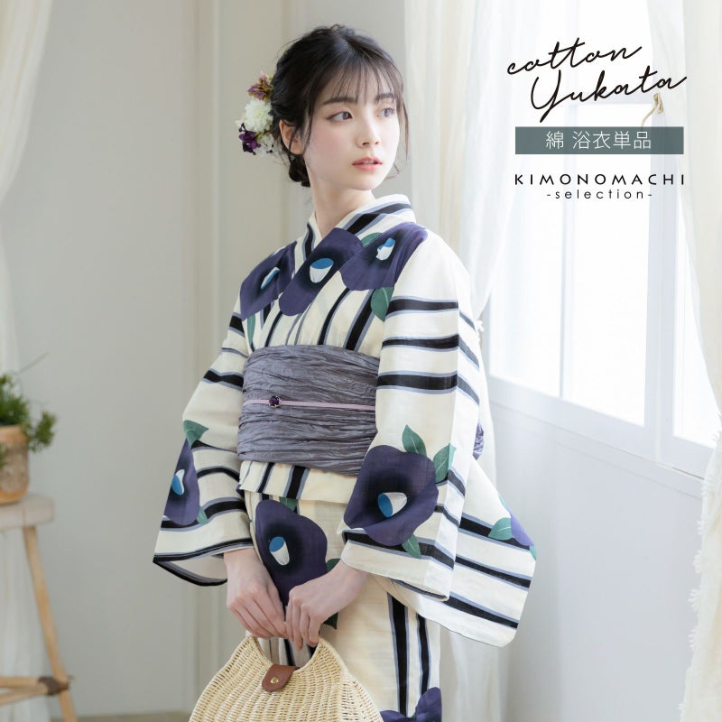 浴衣 レディース 女性浴衣単品 「スイートリリー：薄クリーム地×紫墨　よろけ縞に椿」Fサイズ 綿浴衣 プレタ浴衣 お仕立て上がり浴衣 ブランド浴衣 大人浴衣 女性用 女性浴衣 ゆかた