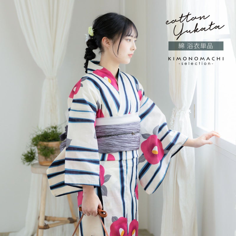 浴衣 レディース 女性浴衣単品 「スイートリリー：薄クリーム地×ピンク　よろけ縞に椿」Fサイズ 綿浴衣 プレタ浴衣 お仕立て上がり浴衣 ブランド浴衣 大人浴衣 女性用 女性浴衣 ゆかた