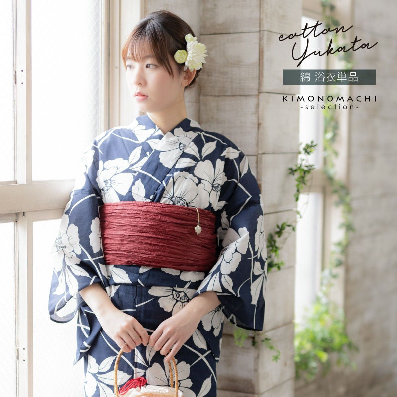 浴衣 レディース 女性浴衣単品 「スイートリリー：紺　芙蓉の花」Fサイズ 綿浴衣 プレタ浴衣 お仕立て上がり浴衣 ブランド浴衣 大人浴衣 女性用 女性浴衣 ゆかた