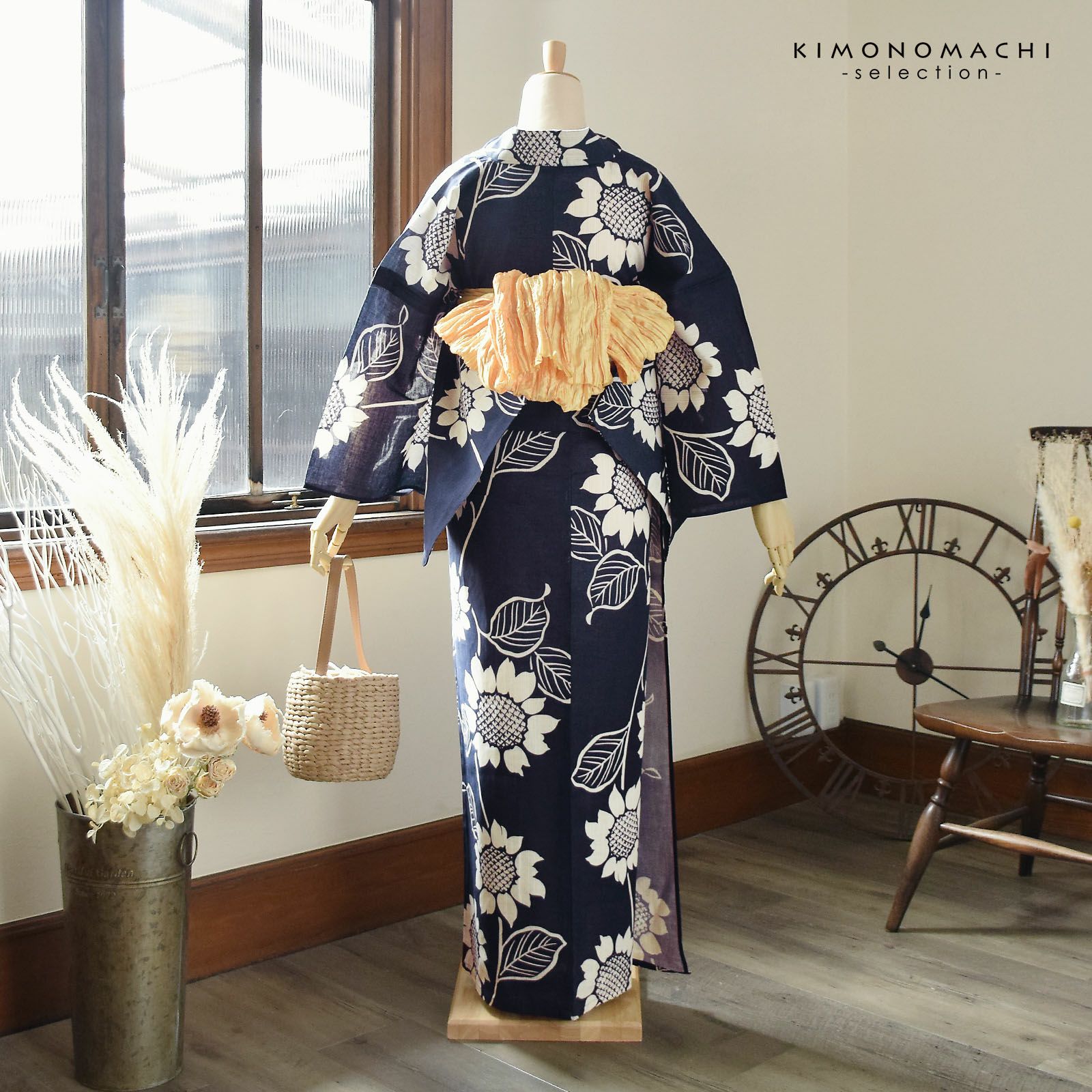 浴衣 レディース 女性浴衣単品 「花子倶楽部：ひまわり 紺」Fサイズ 綿