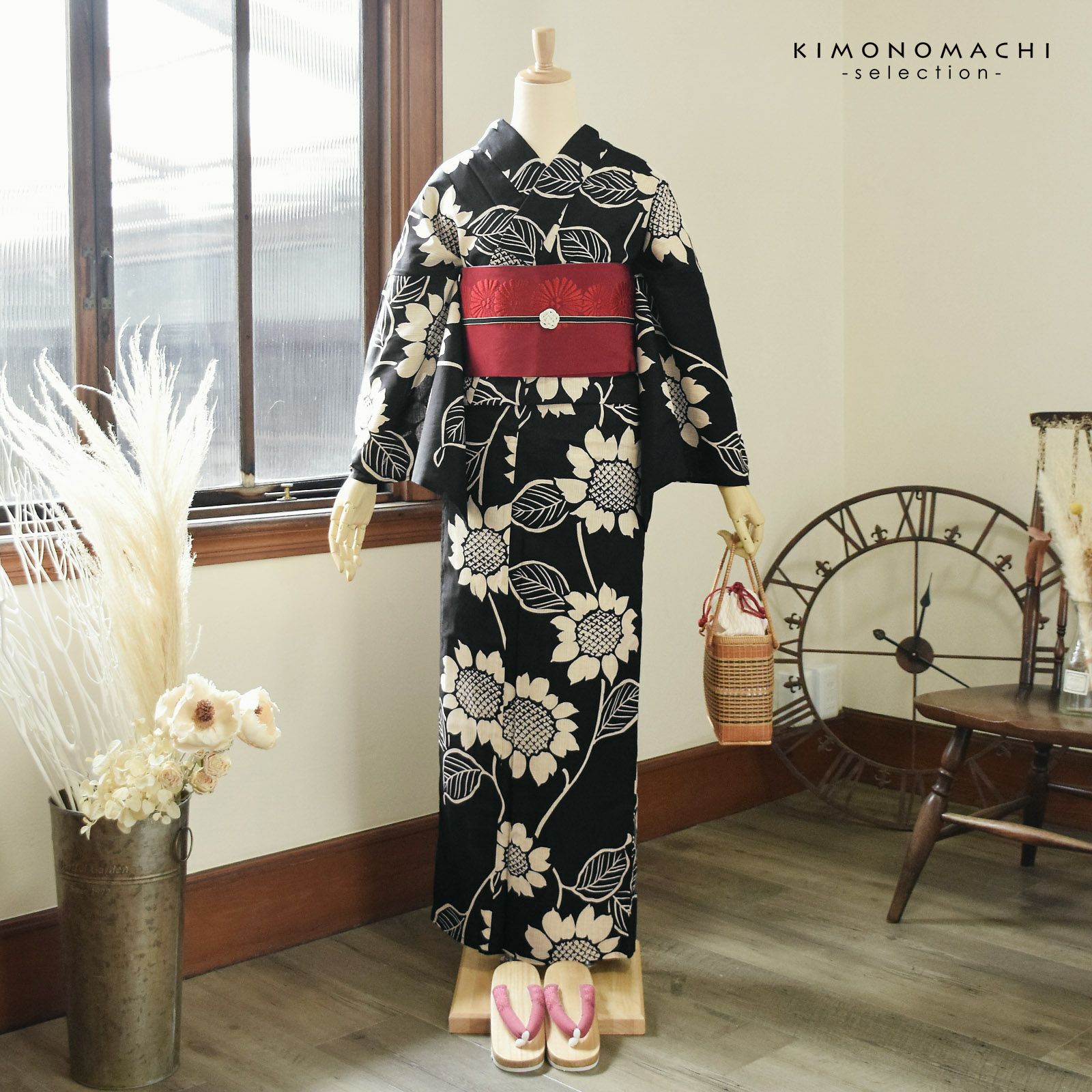 浴衣 レディース 女性浴衣単品 「花子倶楽部：ひまわり 黒」Fサイズ 綿