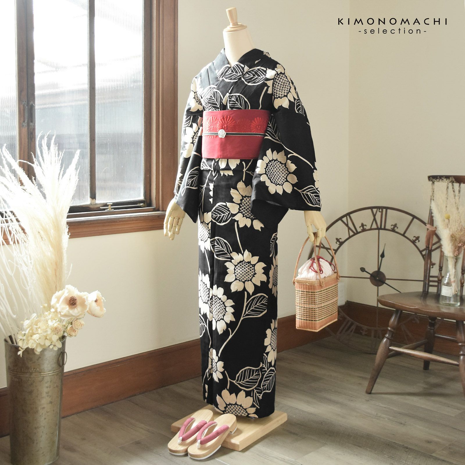 浴衣 レディース 女性浴衣単品 「花子倶楽部：ひまわり 黒」Fサイズ 綿